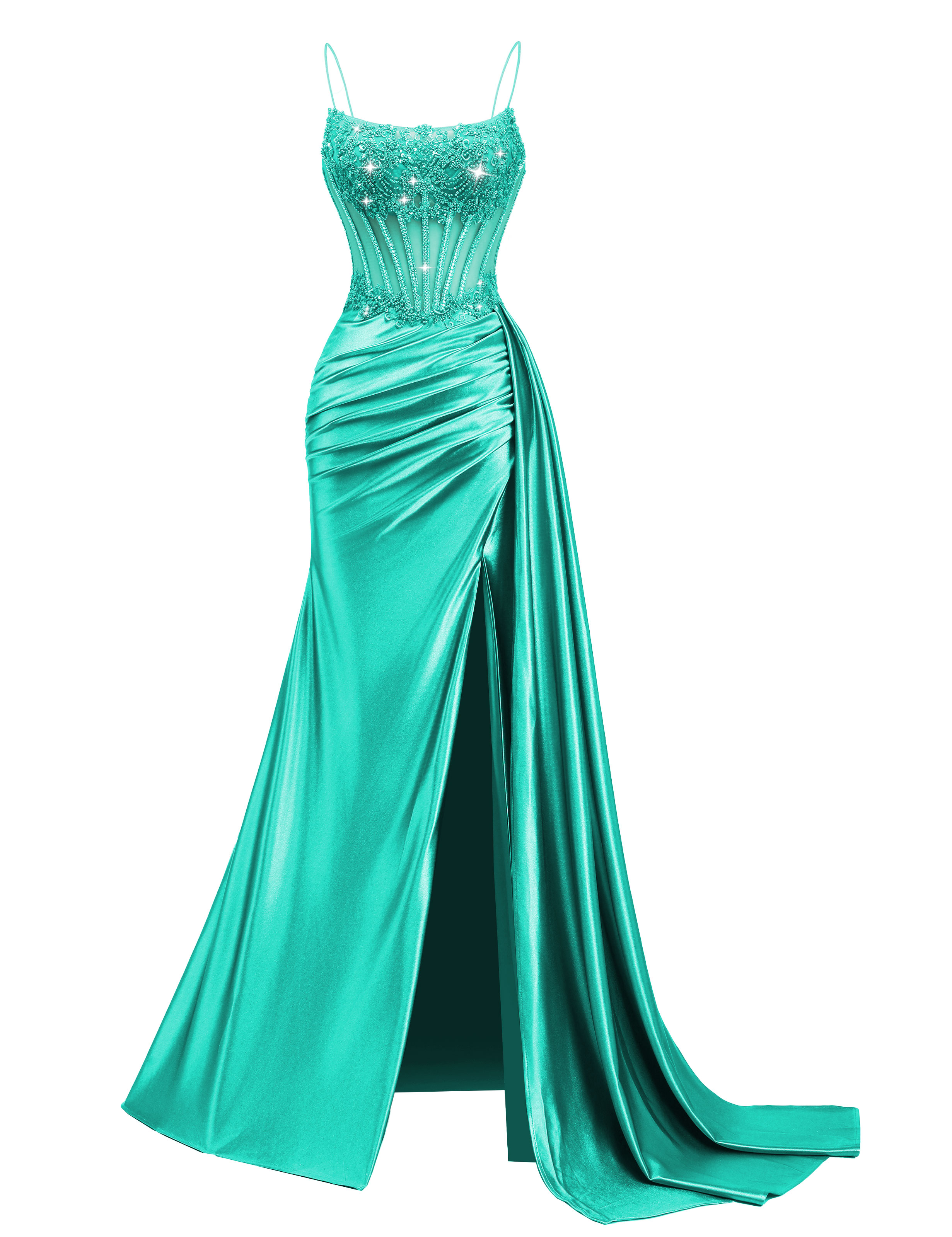 Mermaid Spaghetti Straps Pleated Satin Beaded Slit Prom Dress #PR2510011