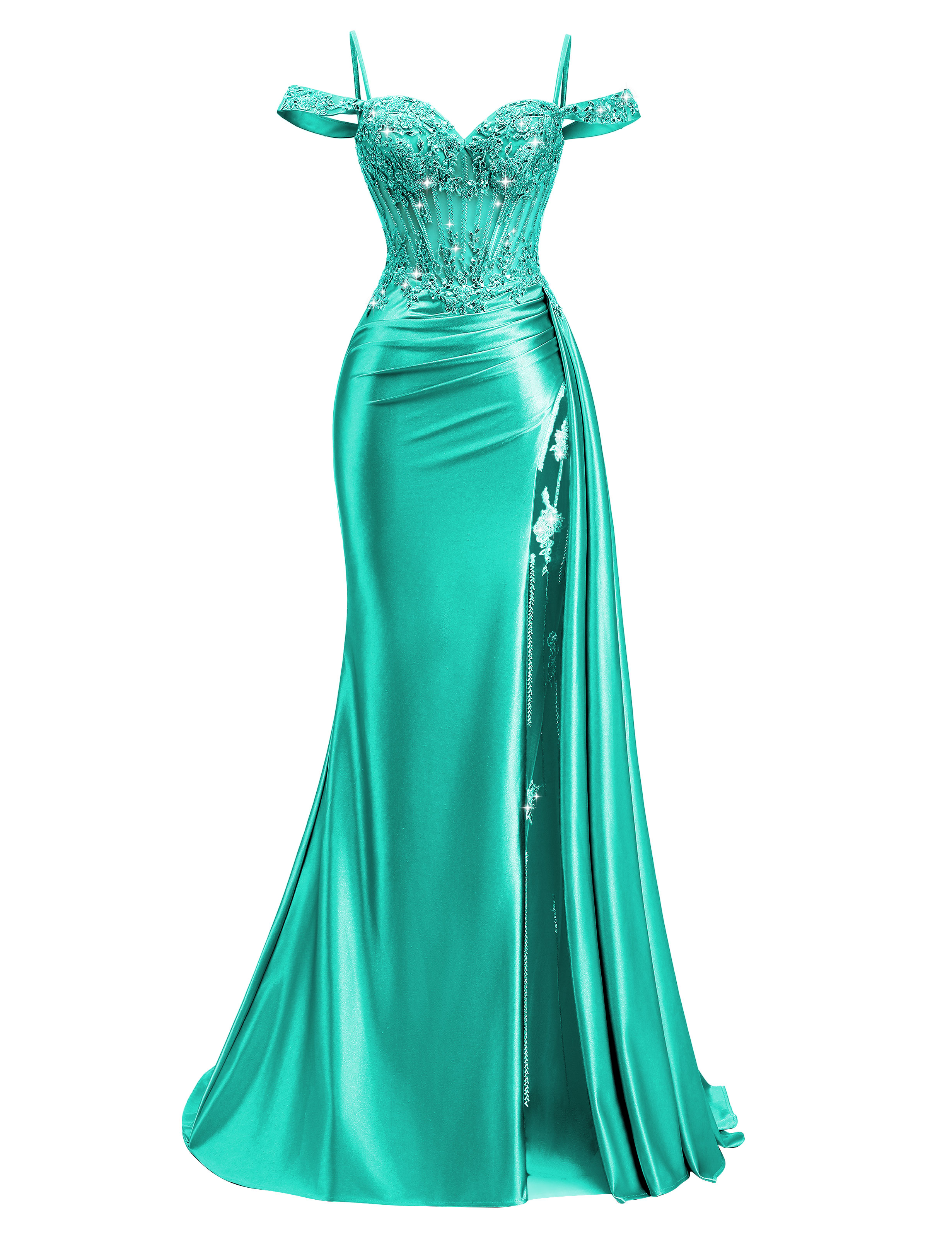 Mermaid Off Shoulder Beaded Sequin Appliques Satin Slit Prom Dress #PR2510009