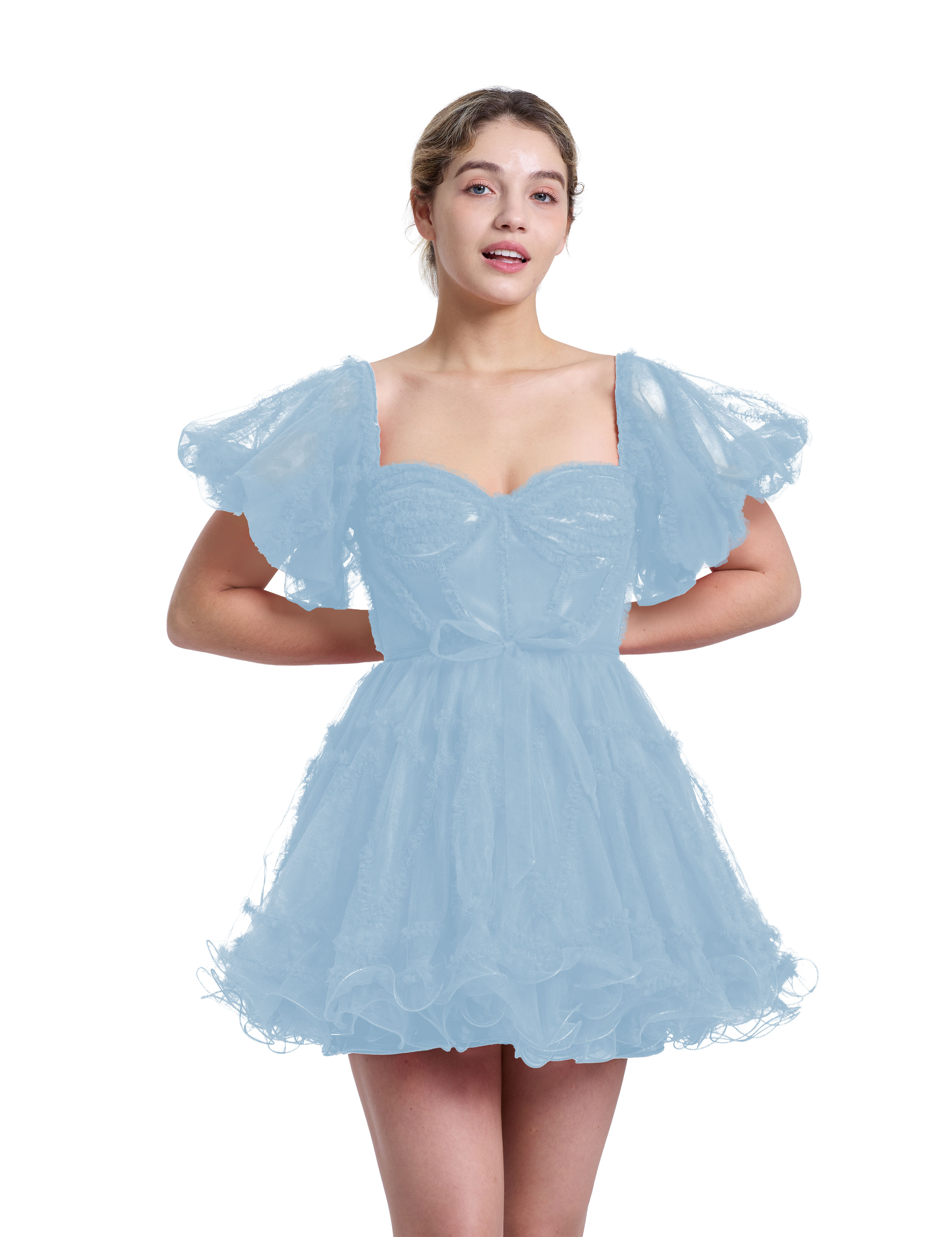 A-line Sweetheart Ruffles Tulle Puffy Sleeves Red Homecoming Dress #HC2401317