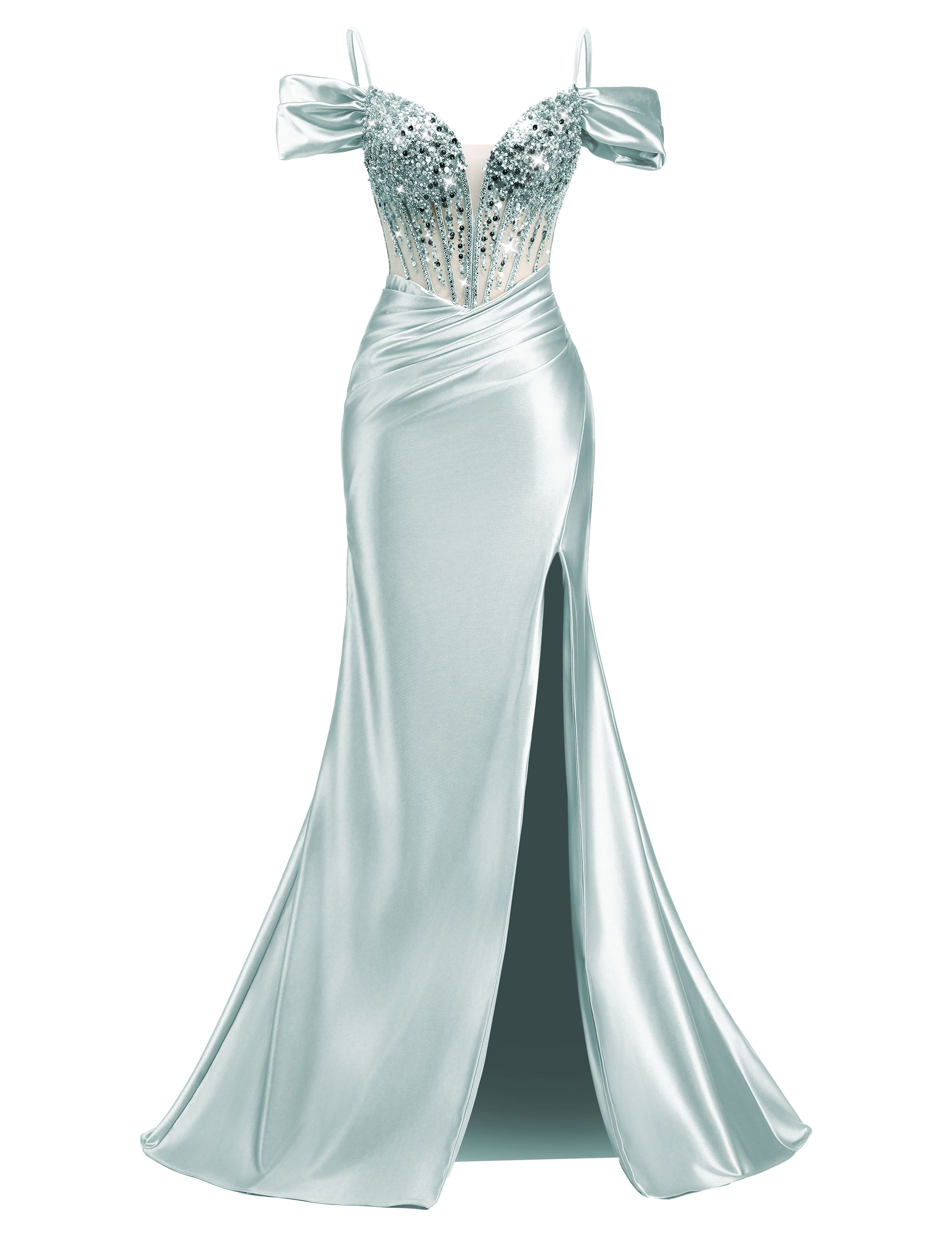 Mermaid V-neck Off Shoulder Beaded Sequin Satin Slit Prom Dress #PR2510014
