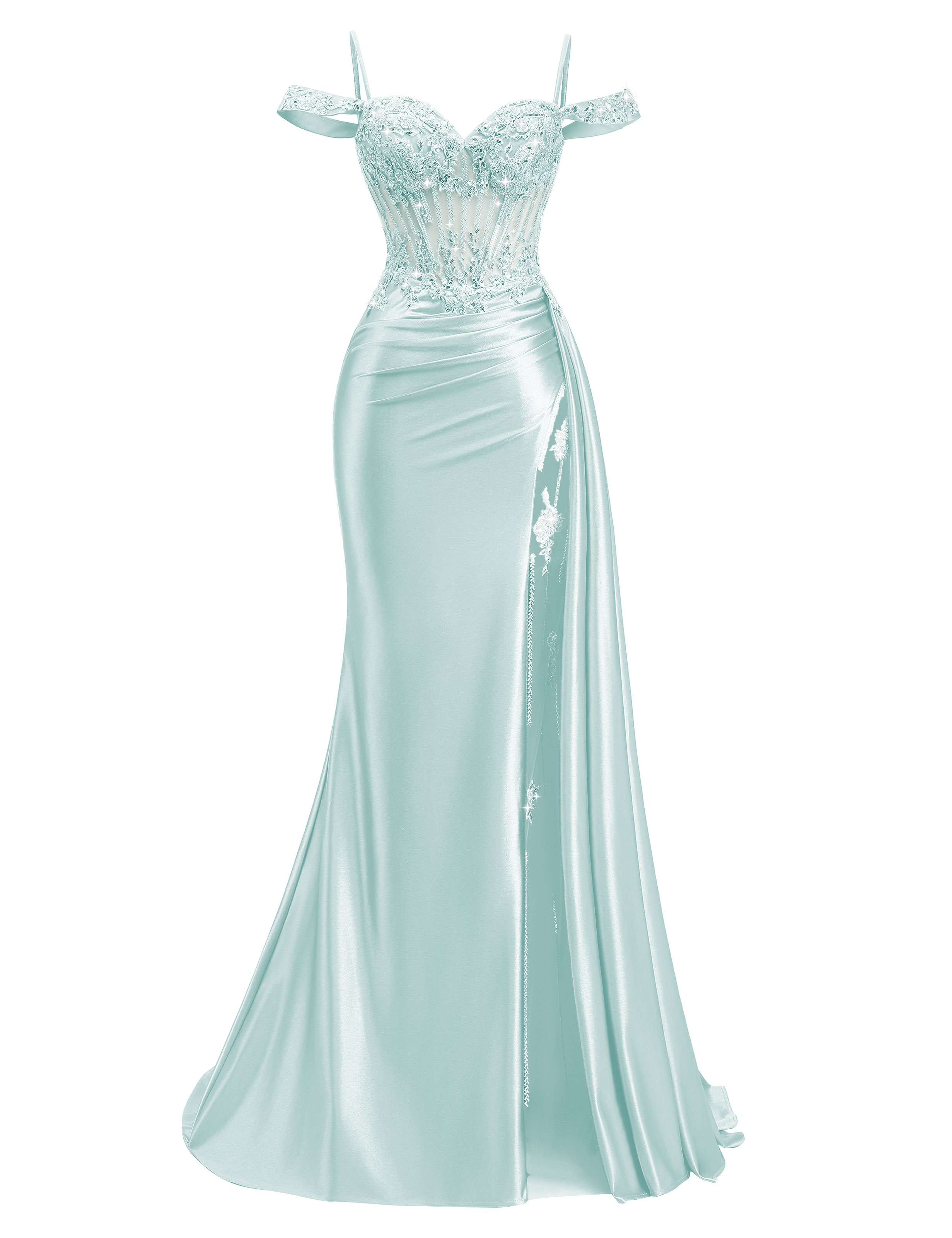 Mermaid Off Shoulder Beaded Sequin Appliques Satin Slit Prom Dress #PR2510009