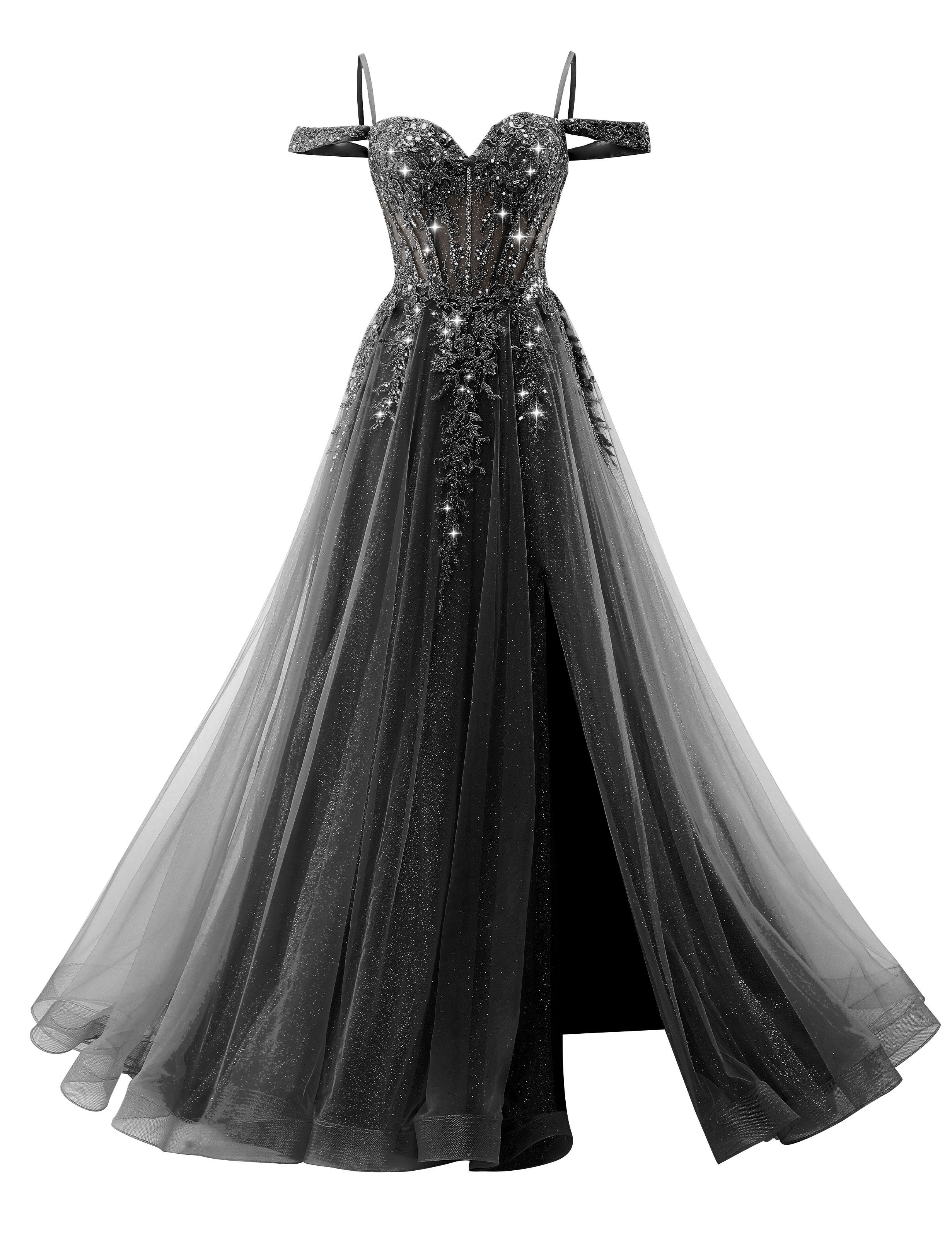 A-line Sweetheart Off Shoulder Corset Lace Appliques Sparkly Tulle Prom Dress #PR2511040