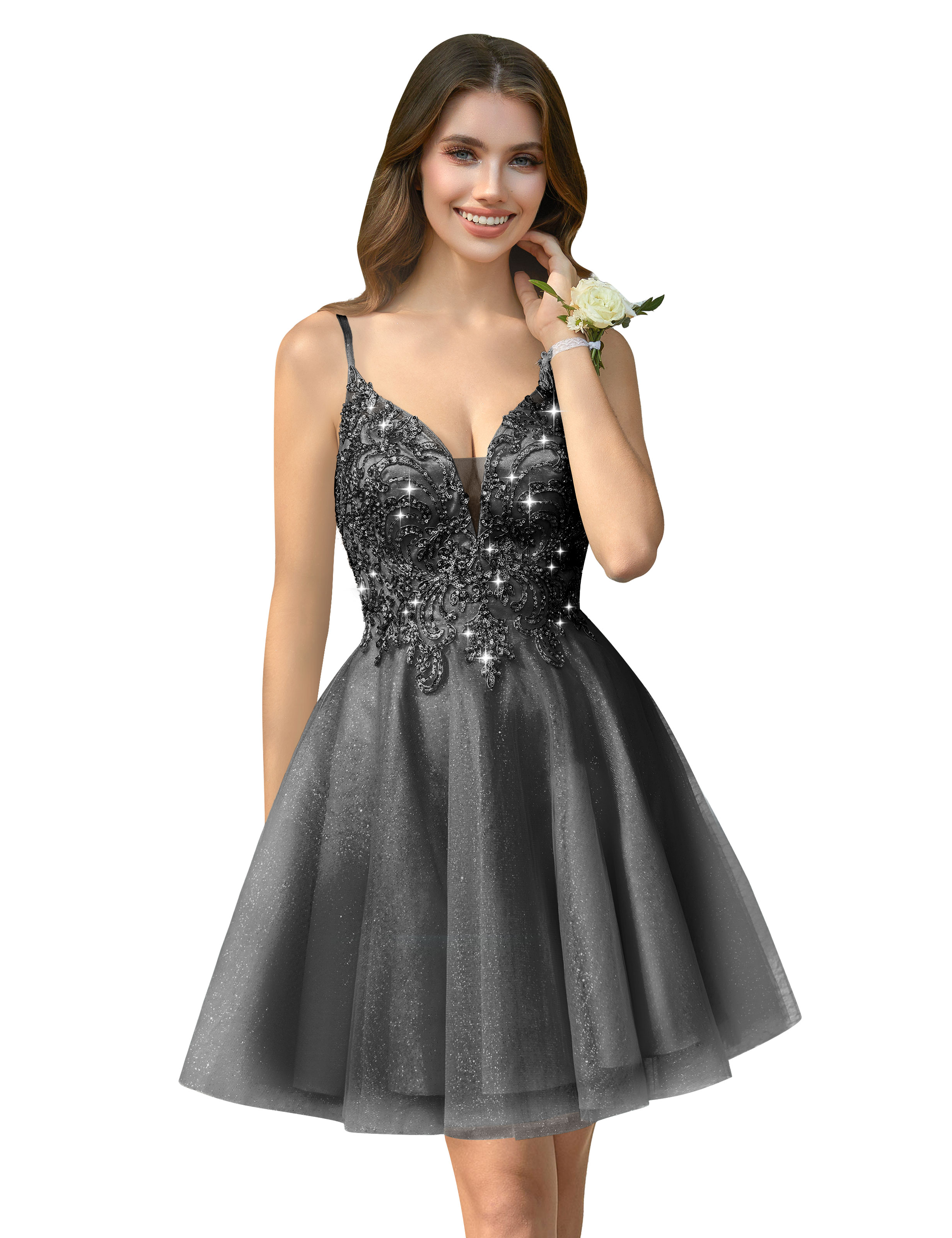 A-line V-neck Spaghetti Strap Sparkly Beaded Tulle Homecoming Dress #HC2401940