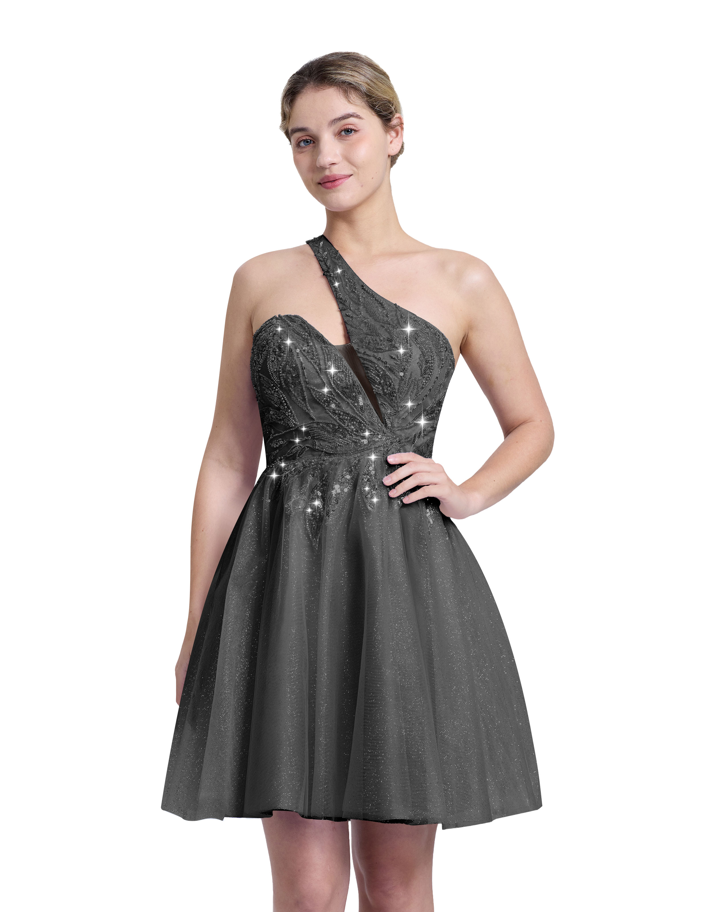A-line One Shoulder Sequin Lace Beaded Cocktail Party Homecoming Dress #HC2604029