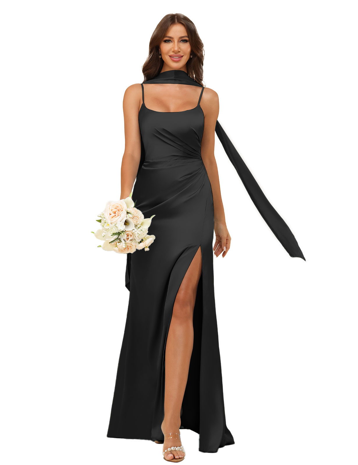 Mermaid U-neck Spaghetti Straps Satin Silt Bridesmaid Dress #BM2507145