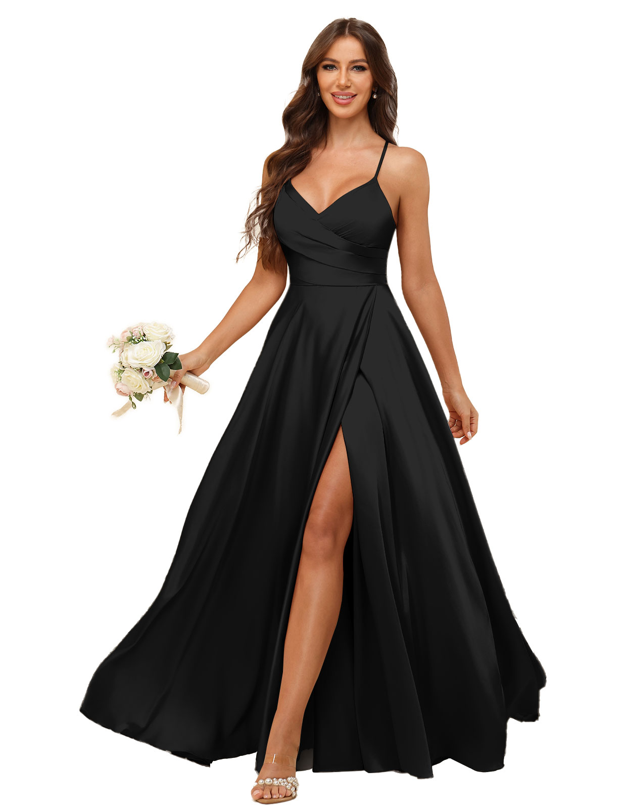 A-line V-neck Spaghetti Straps Satin Silt Bridesmaid Dress #BM2507218