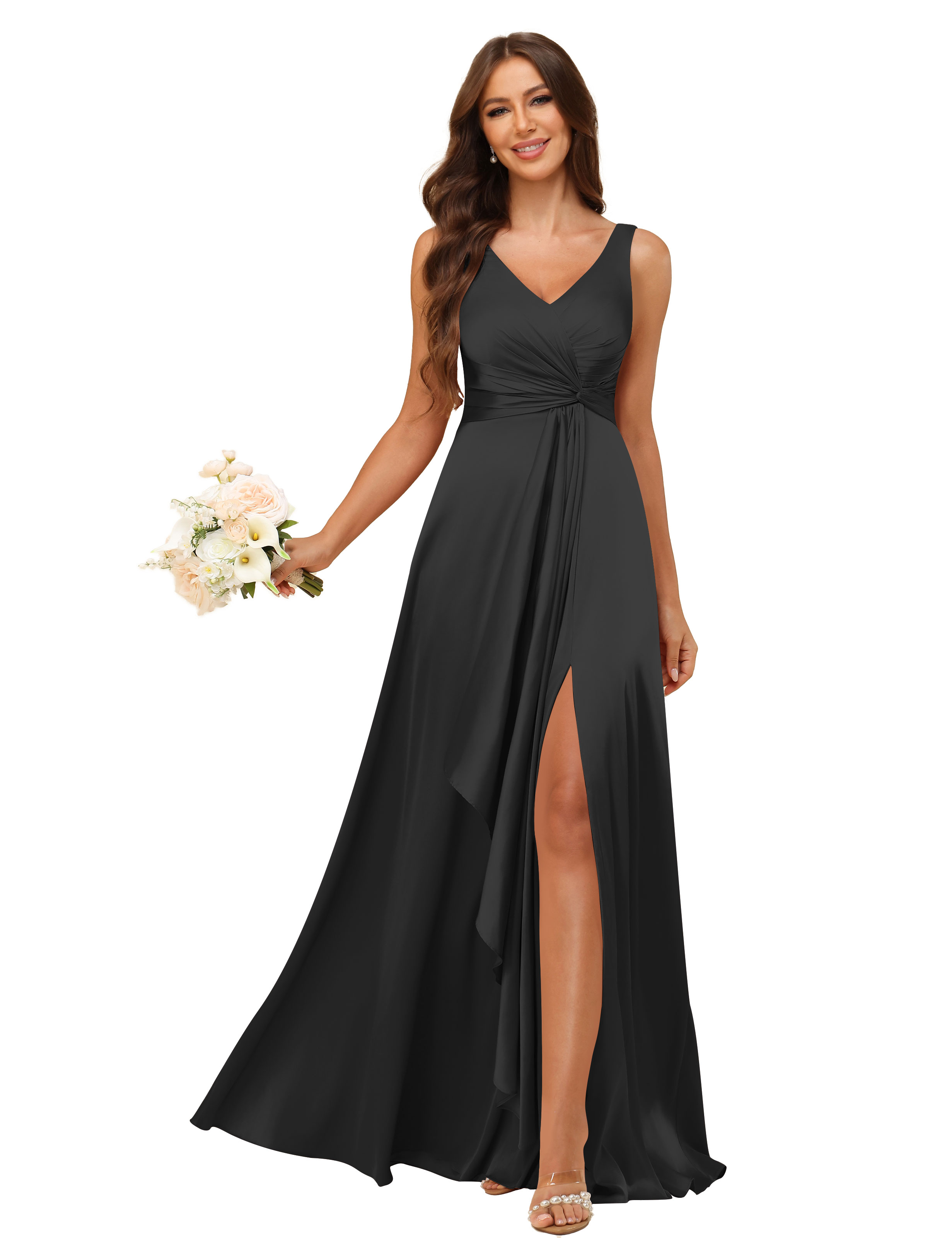 A-line V-neck Straps Satin Silt Lace Up Bridesmaid Dress #BM2507147