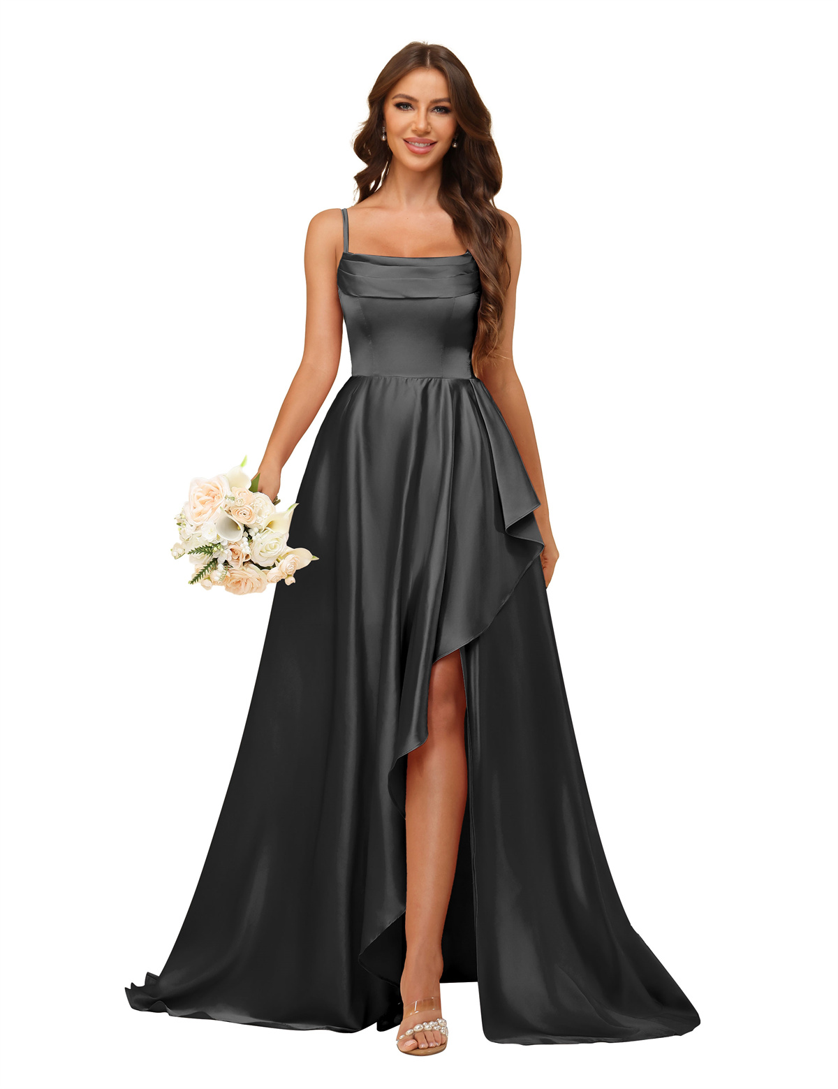A-line U-neck Spaghetti Straps Satin Silt Bridesmaid Dress #BM2507213