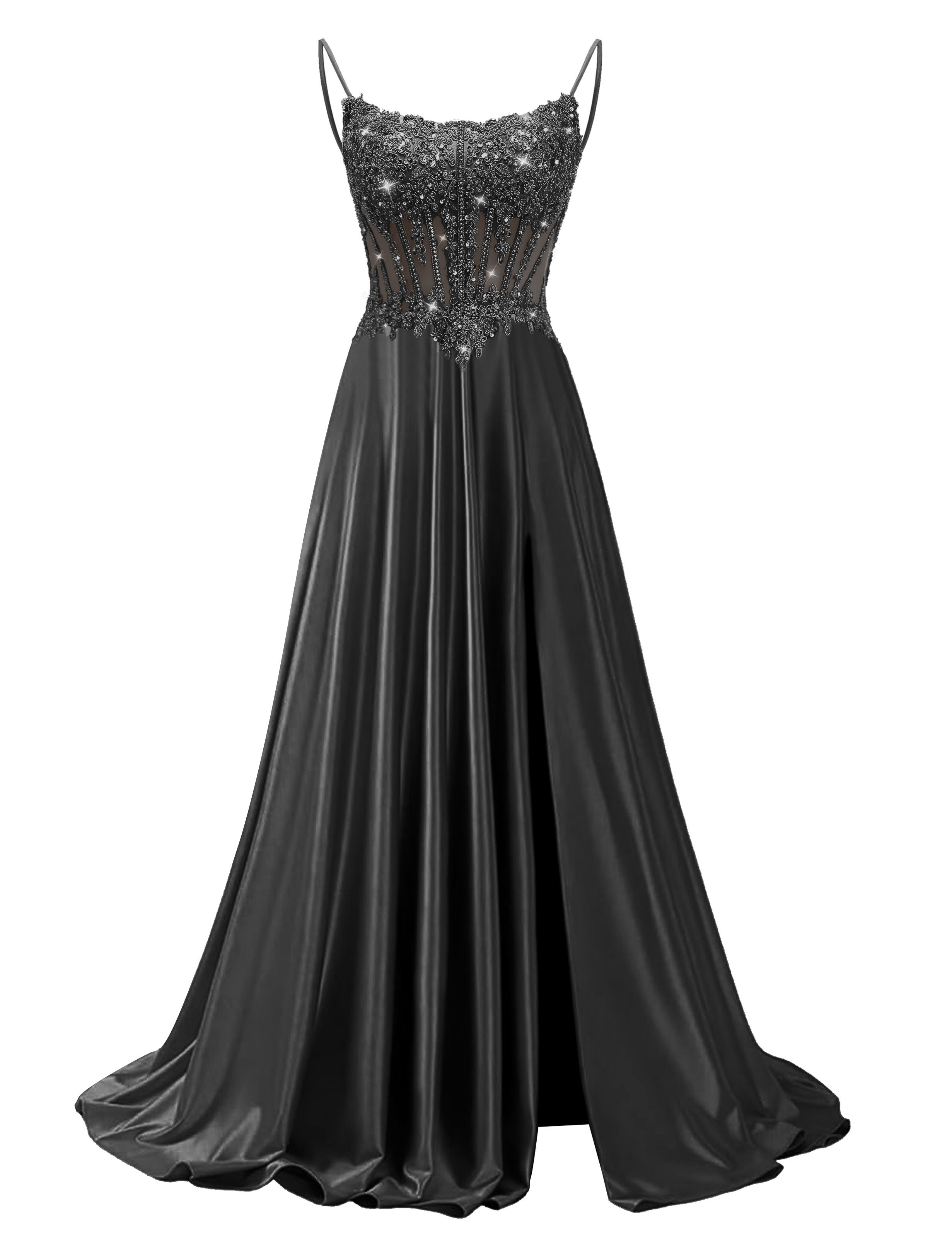 Mermaid Spaghetti Straps Satin Beaded Sequin Pleated Slit Prom Dress #PR2510011