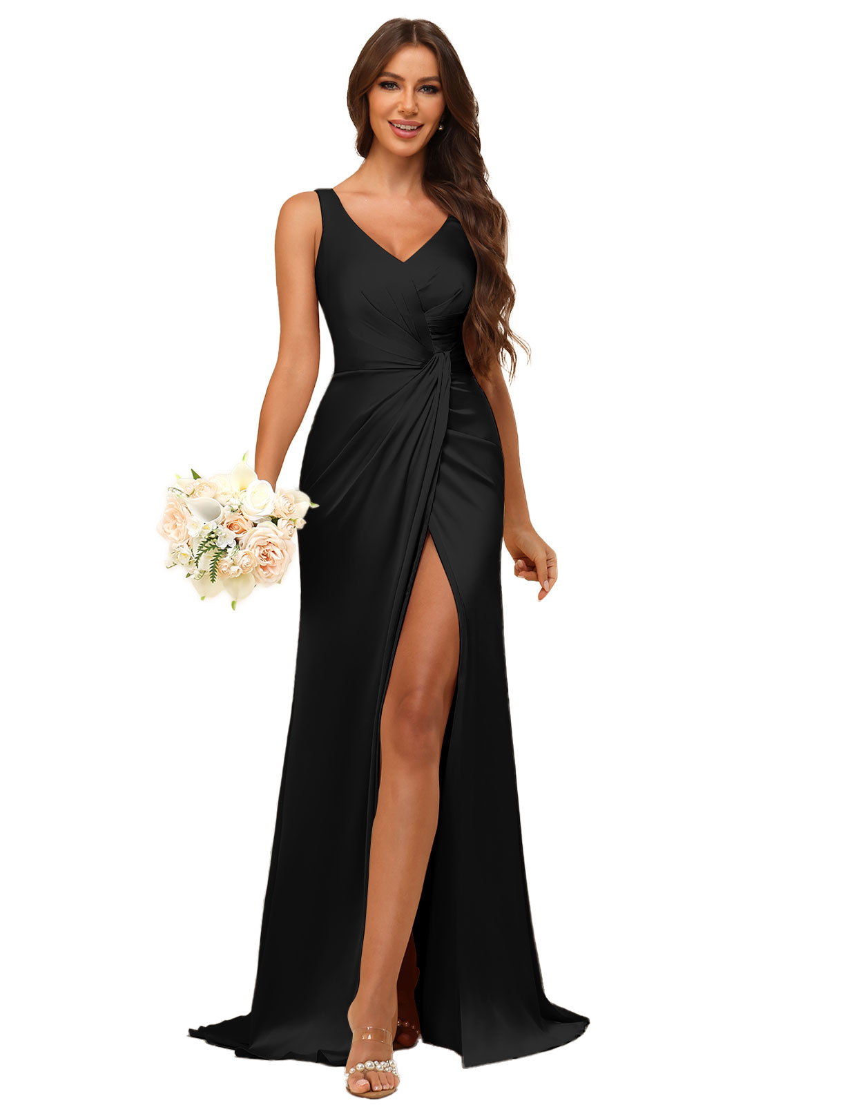 Mermaid V-neck Straps Satin Silt Bridesmaid Dress #BM2507144