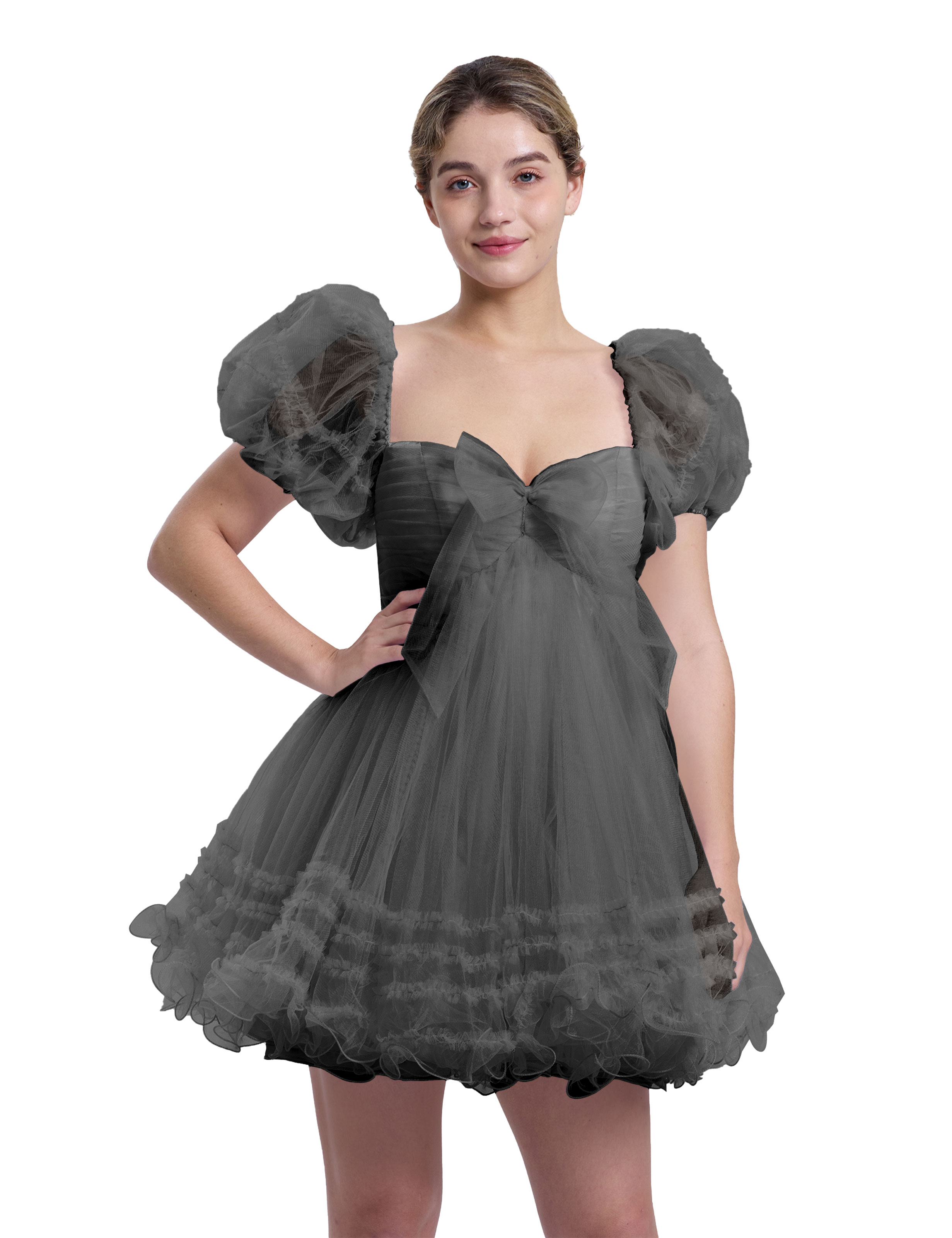 A-line Sweetheart Ruffles Tulle Puffy Sleeves Homecoming Dress #HC2401063