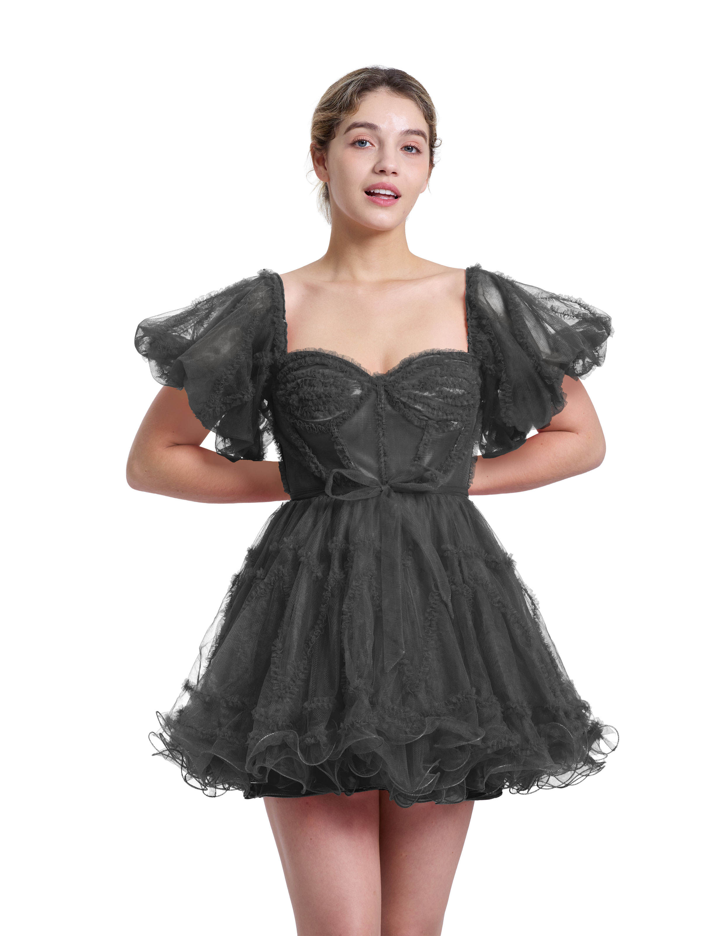 A-line Sweetheart Ruffles Tulle Puffy Sleeves Red Homecoming Dress #HC2401317