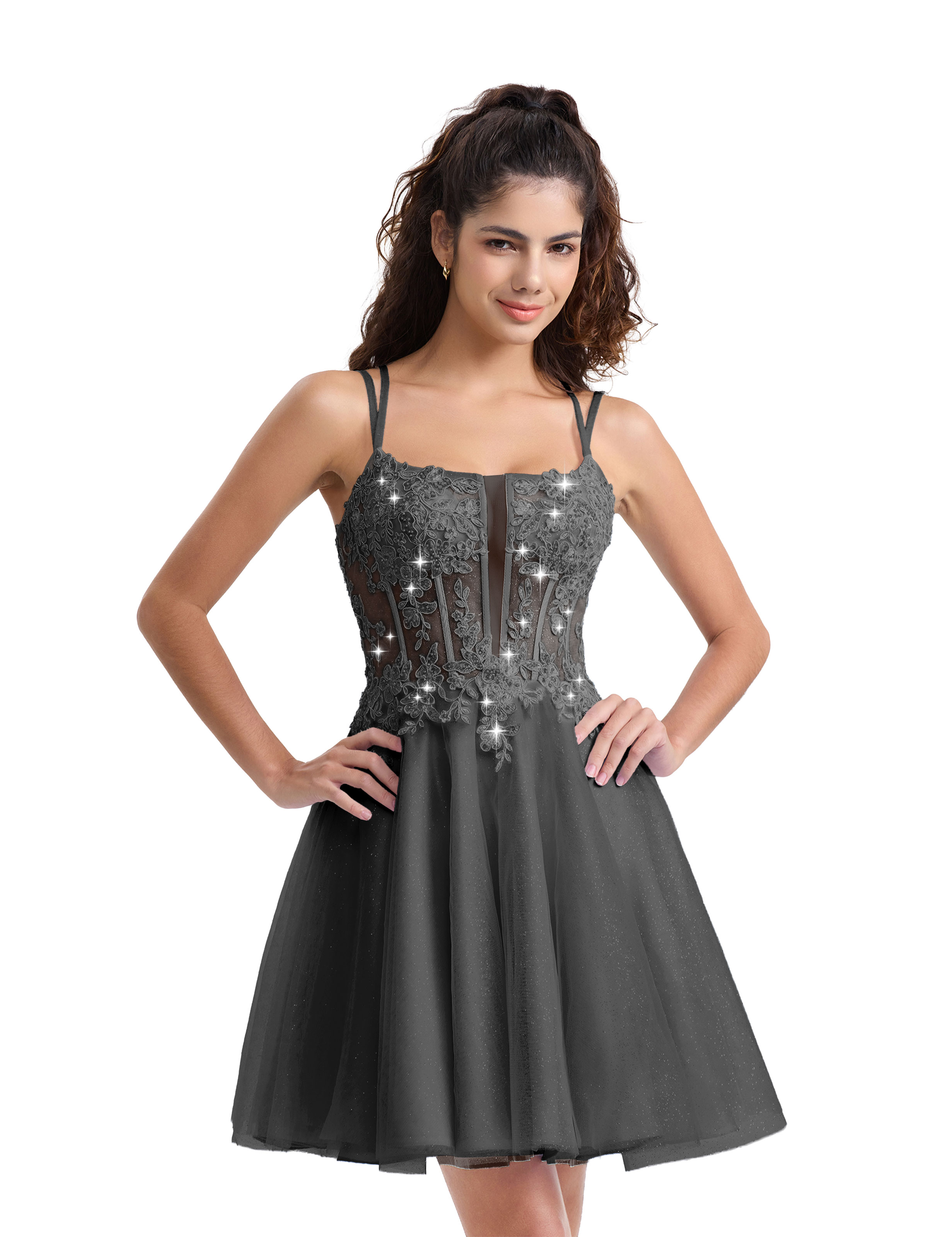 A-line Spaghetti Strap Tulle Lace Appliques Cocktail Homecoming Dress #HC2402129
