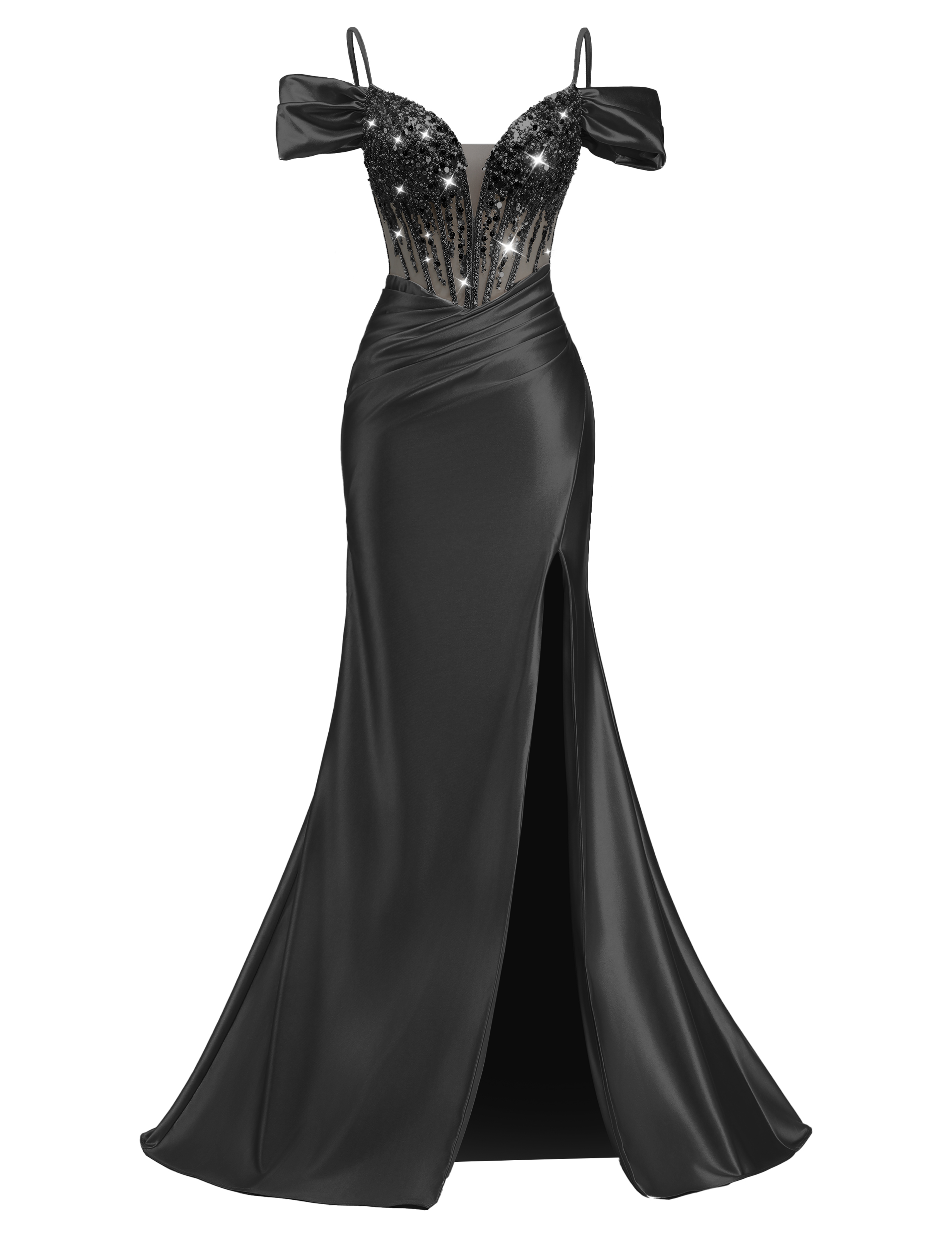 Mermaid V-neck Off Shoulder Beaded Sequin Satin Slit Prom Dress #PR2510014