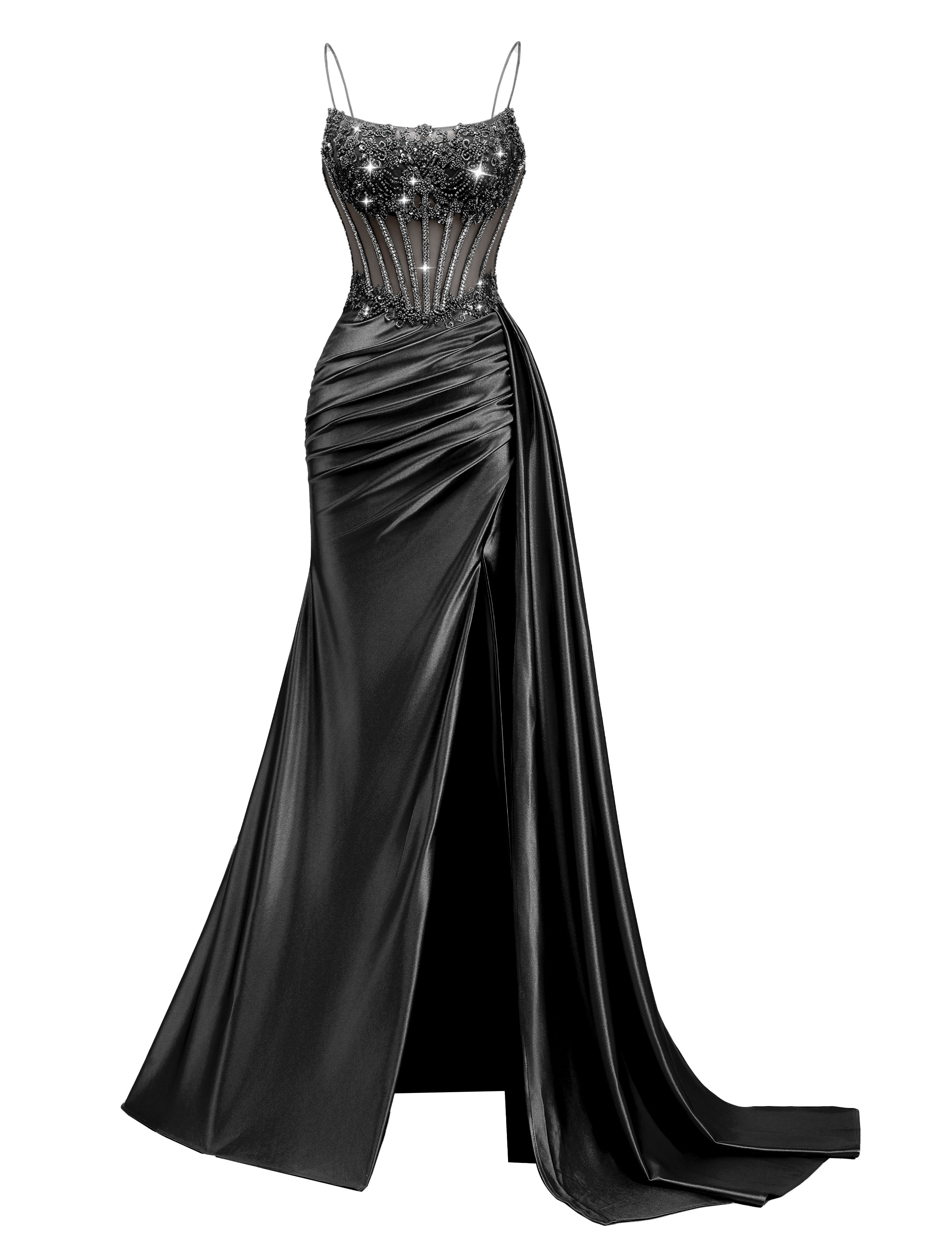 Mermaid Spaghetti Straps Pleated Satin Beaded Slit Prom Dress #PR2510011