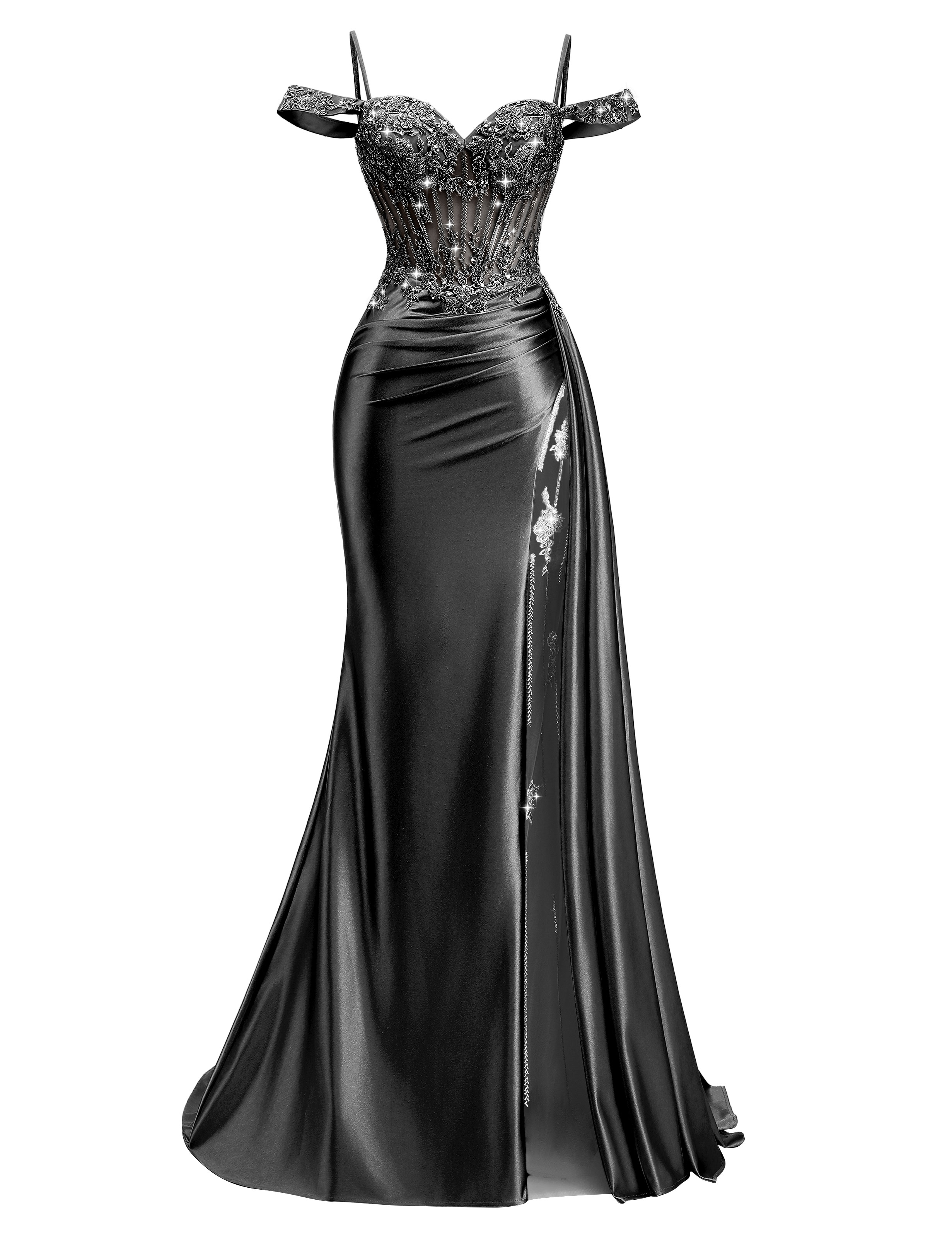 Mermaid Off Shoulder Beaded Sequin Appliques Satin Slit Prom Dress #PR2510009