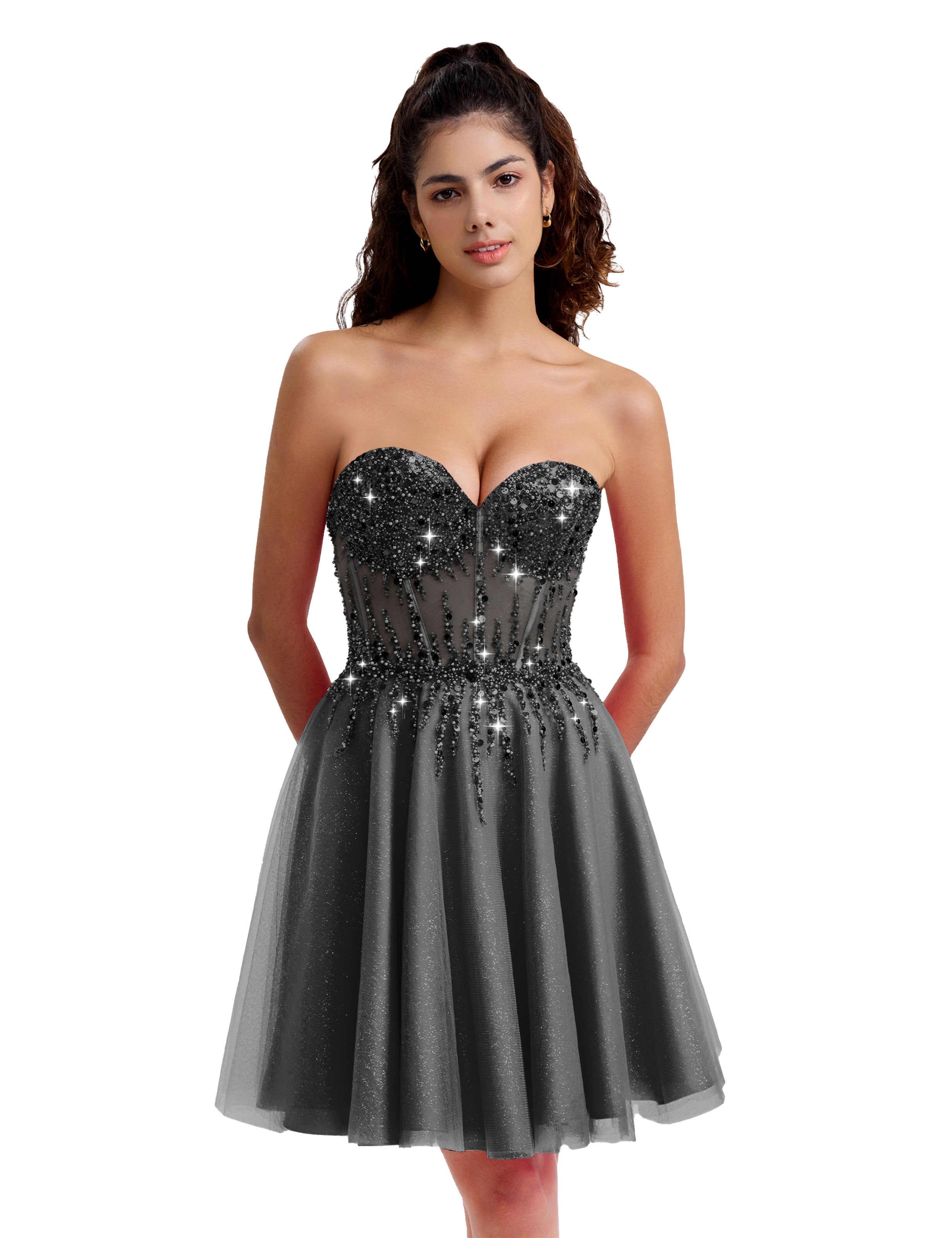 Sparkly A-line Sweetheart Tulle Beaded Party Homecoming Dress #HC2402135