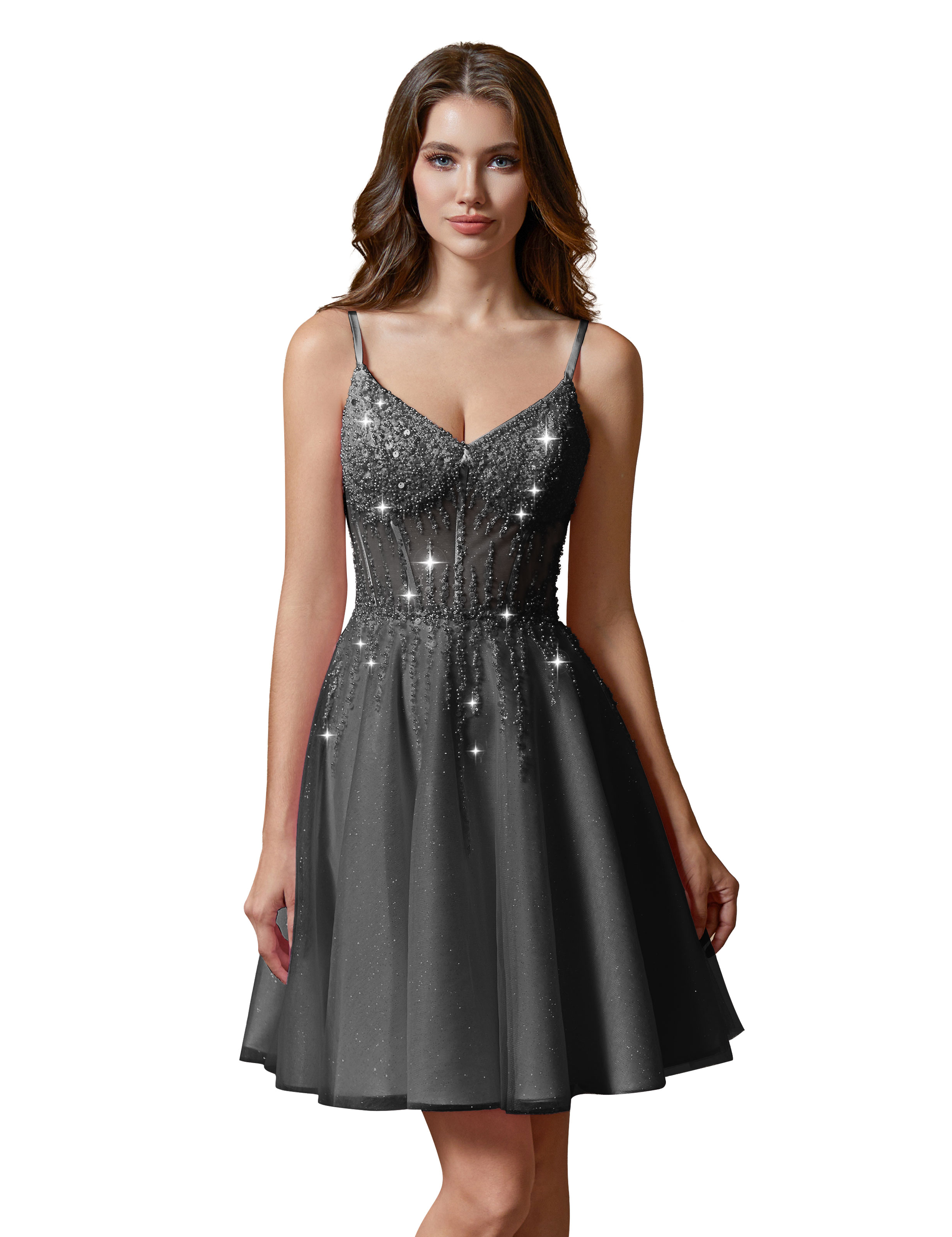 A-line V-Neck Sparkly Tulle Lace Appliques Homecoming Dress #HC2401738