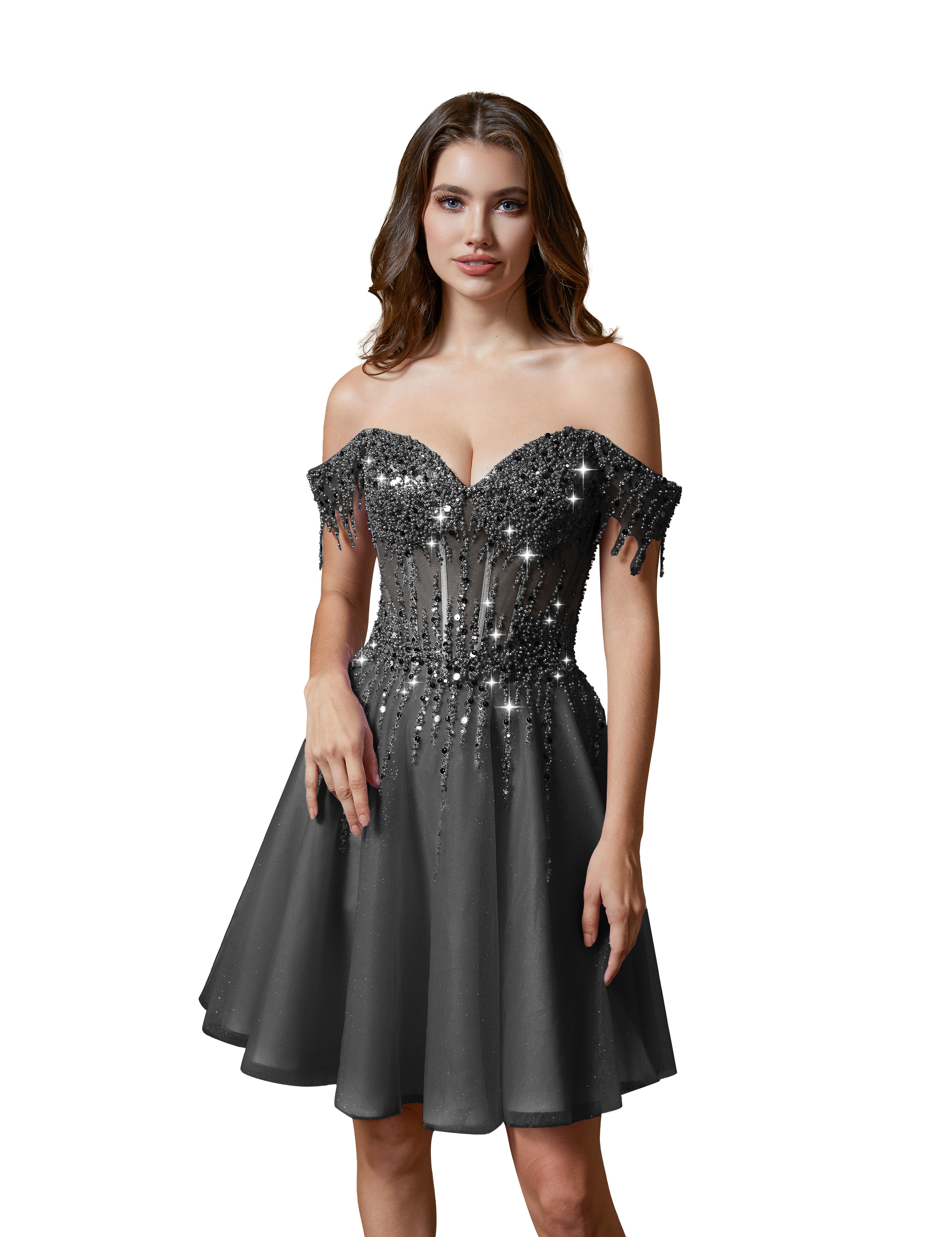 A-line Off Shoulder Lace Appliques Sparkly Sequin Tulle Homecoming Dress #HC2401169