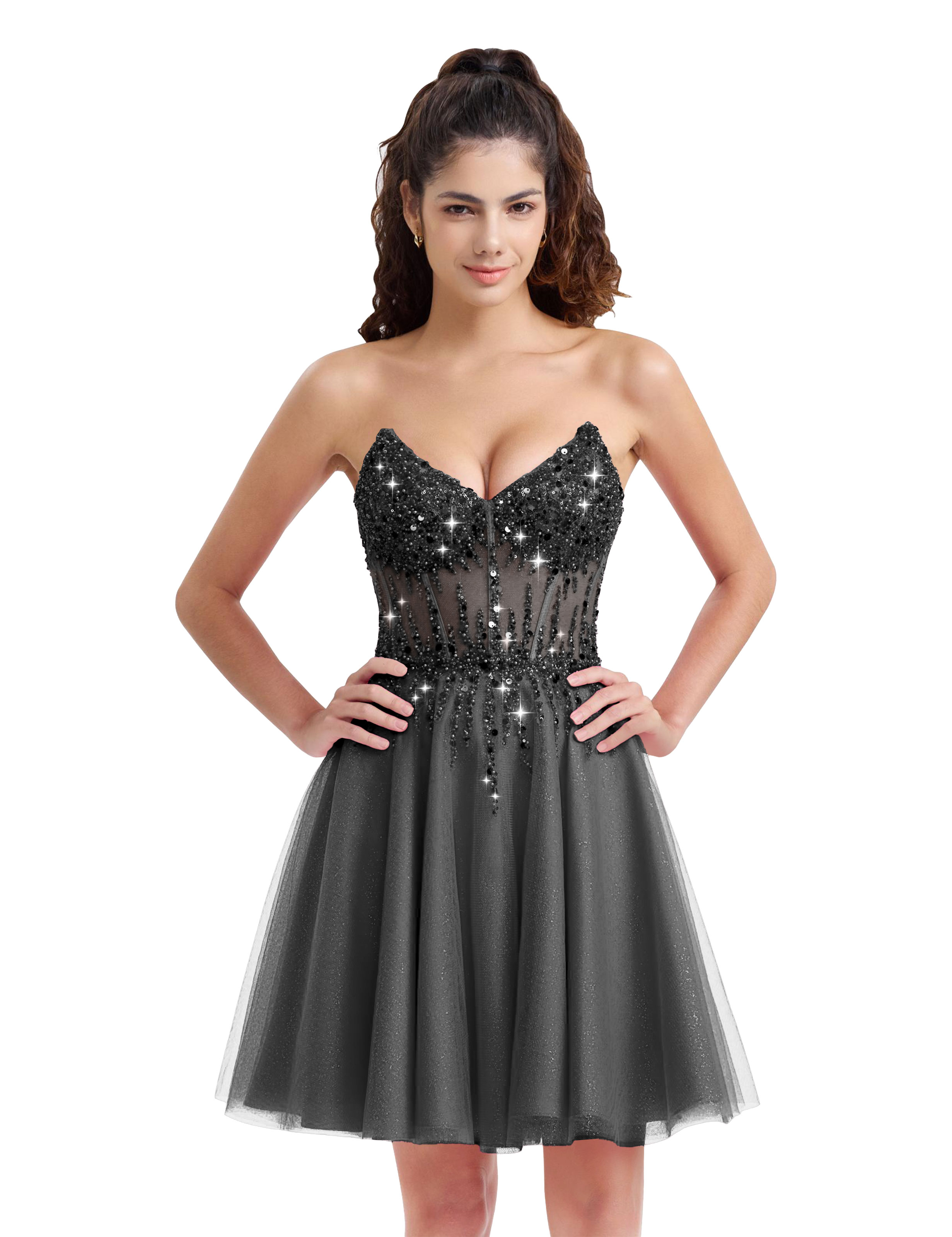 Sparkly A-line V-Neck Tulle Strapless Beaded Homecoming Dress #HC2402127