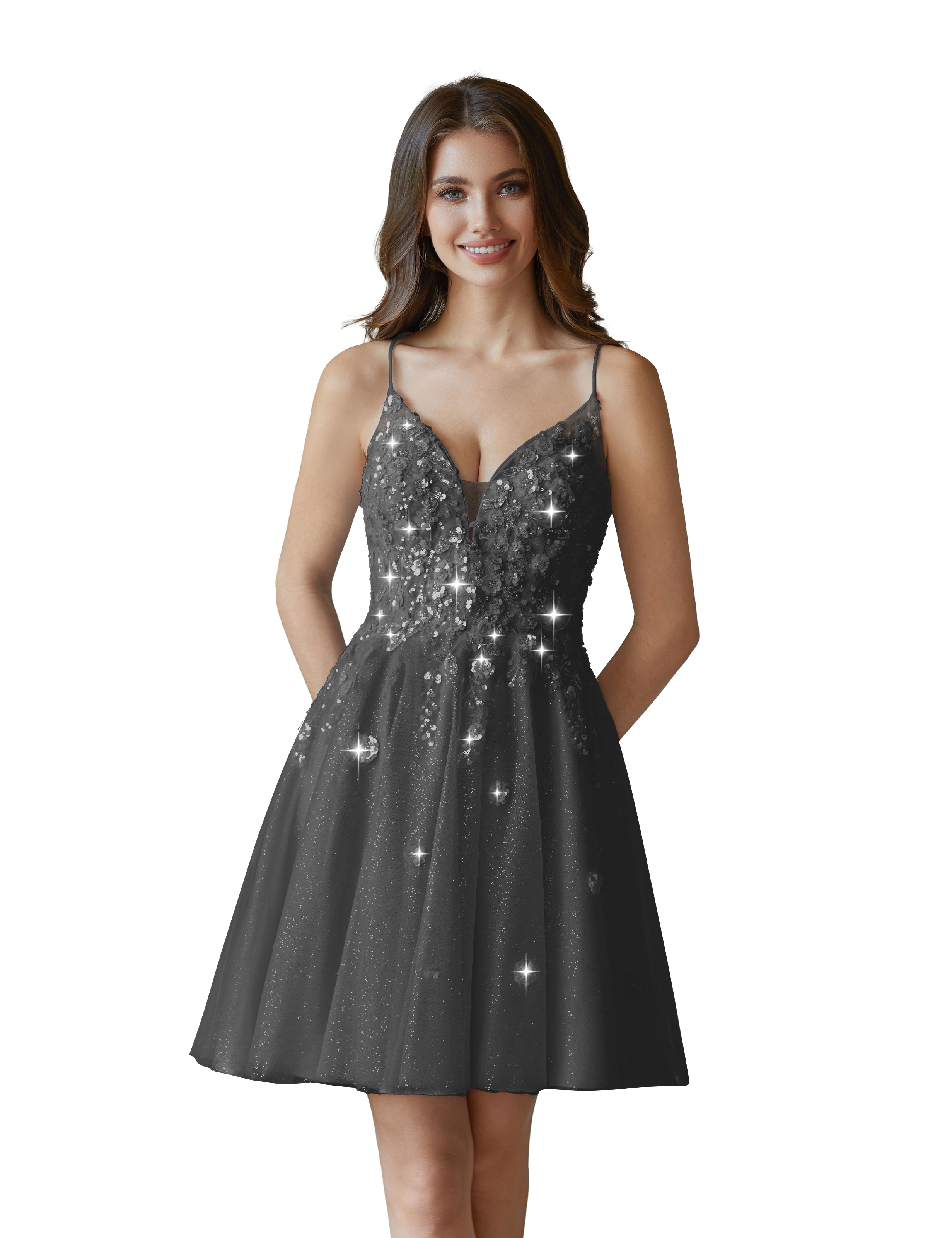 V-Neck Sspaghetti Strap Sparkly Lace Sequin Short Tulle Homecoming Dress #HC2604021