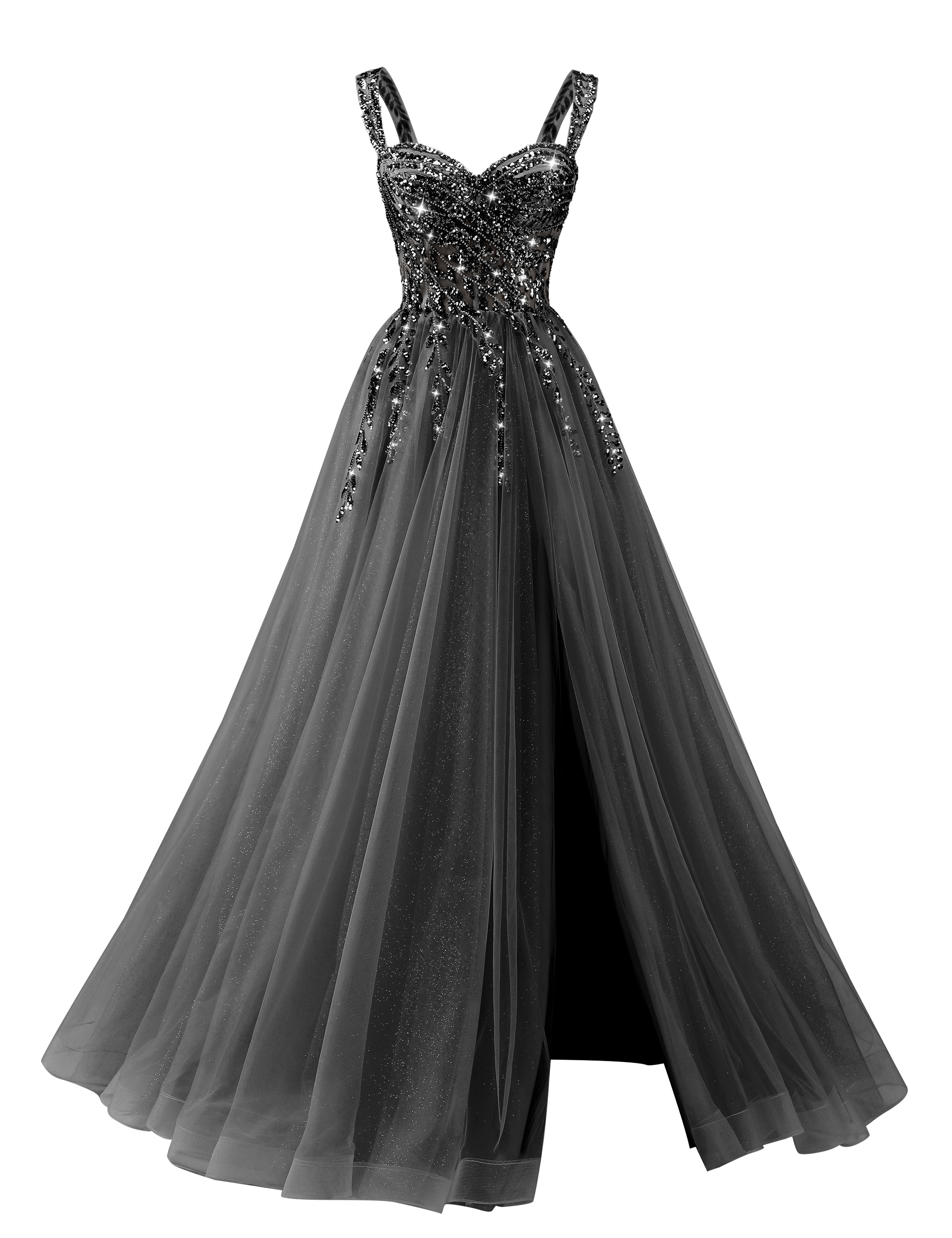 A-line Sweetheart Sparkly Tulle Sequins Beaded Slit Corset Prom Dress #PR2512071