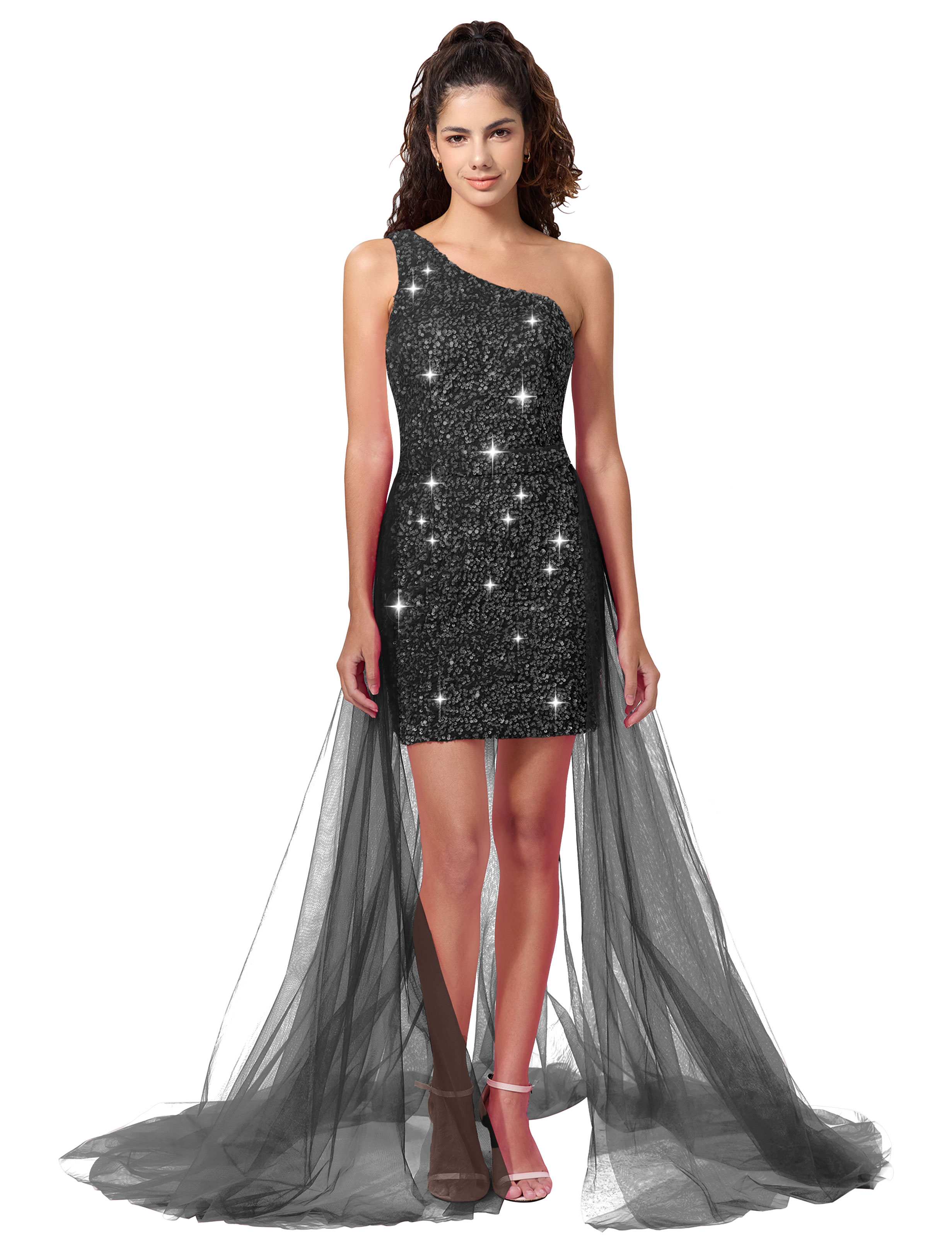 Sparkly One Shoulder Sequin Detachable Waist Cape Homecoming Dress #HC2402126