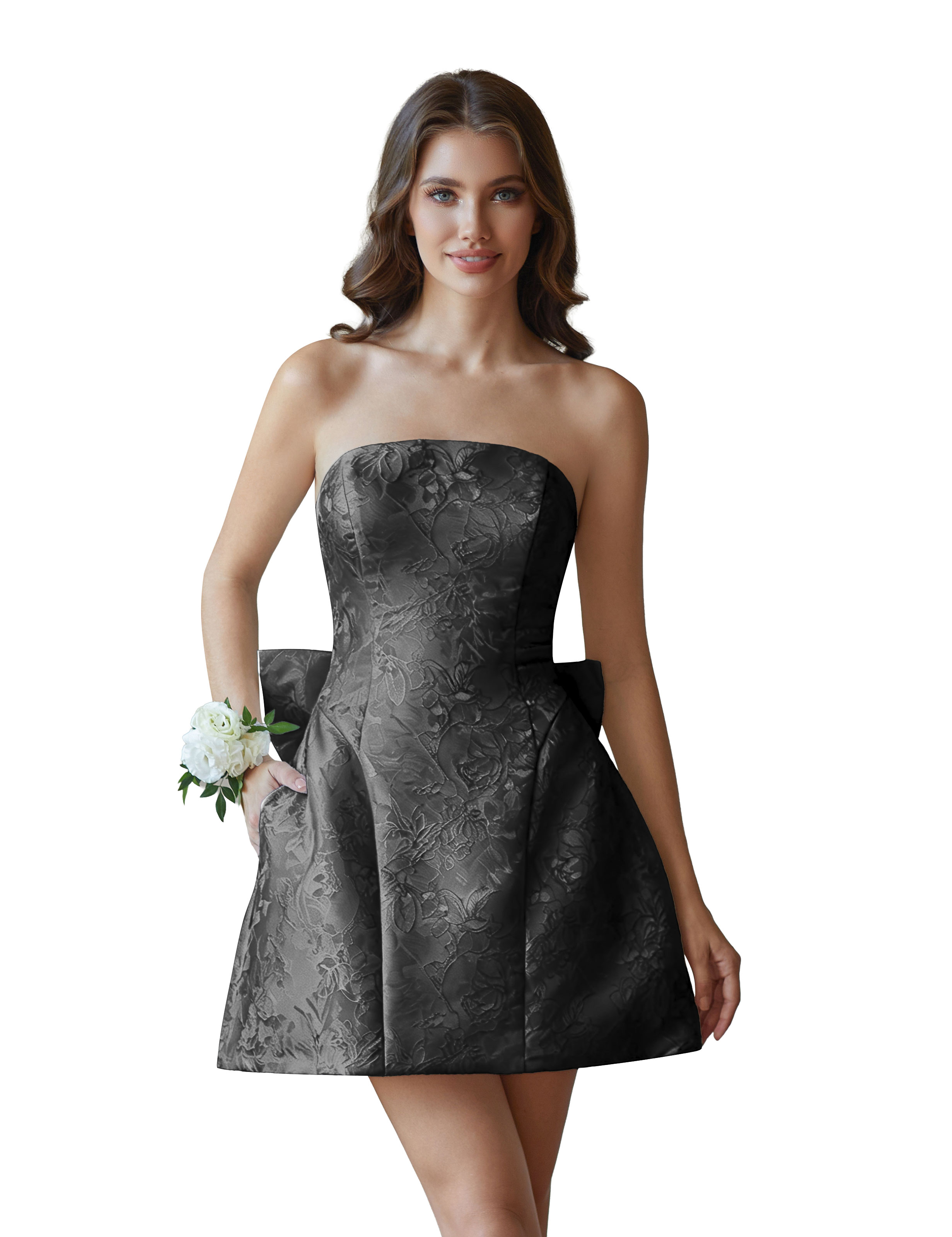Jacquard Satin Mini Short Party Cocktail Prom Homecoming Dress with Bow Back #HC2401770