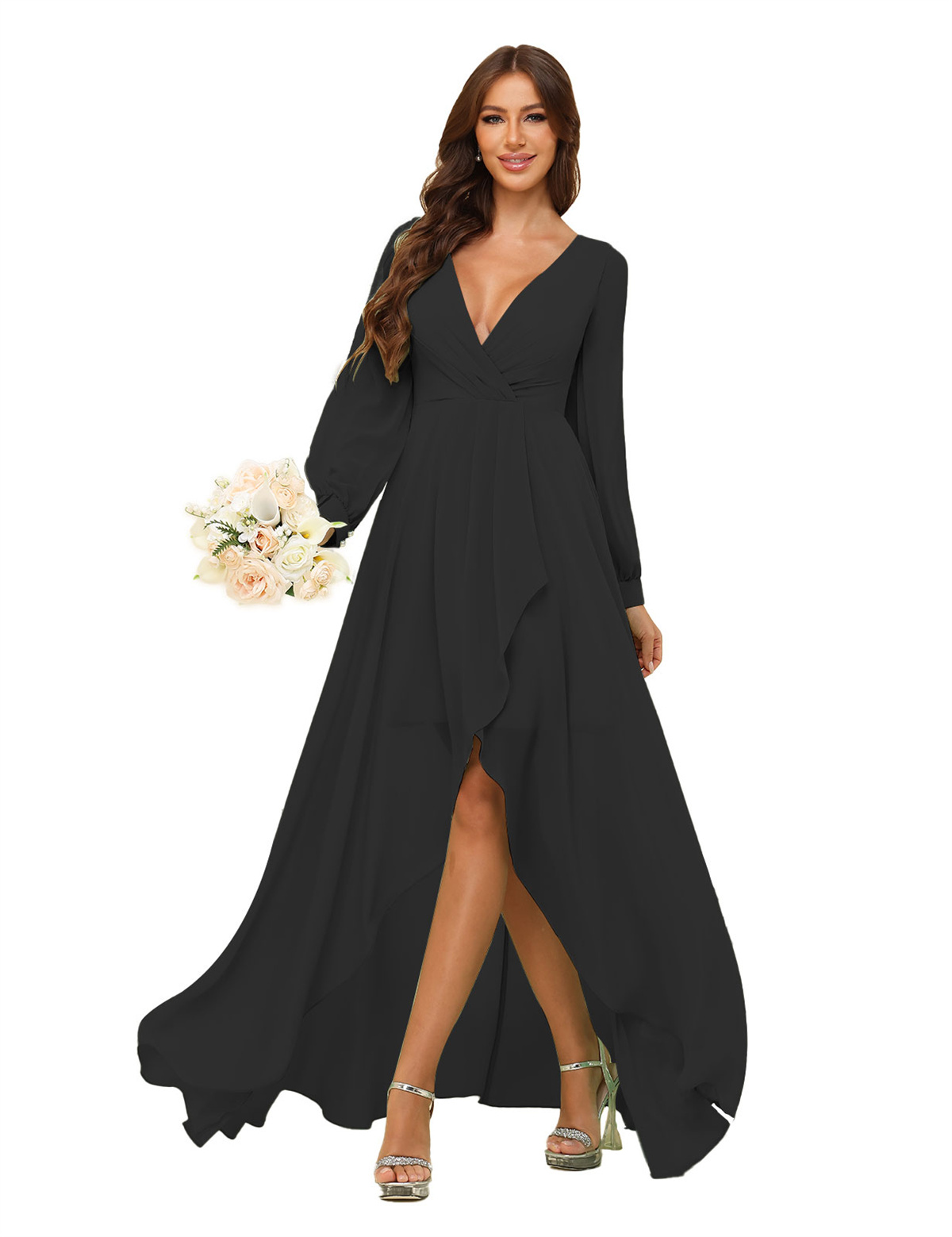 A-line Deep V-neck Chiffon Long Sleeves Bridesmaid Dress #BM2507136