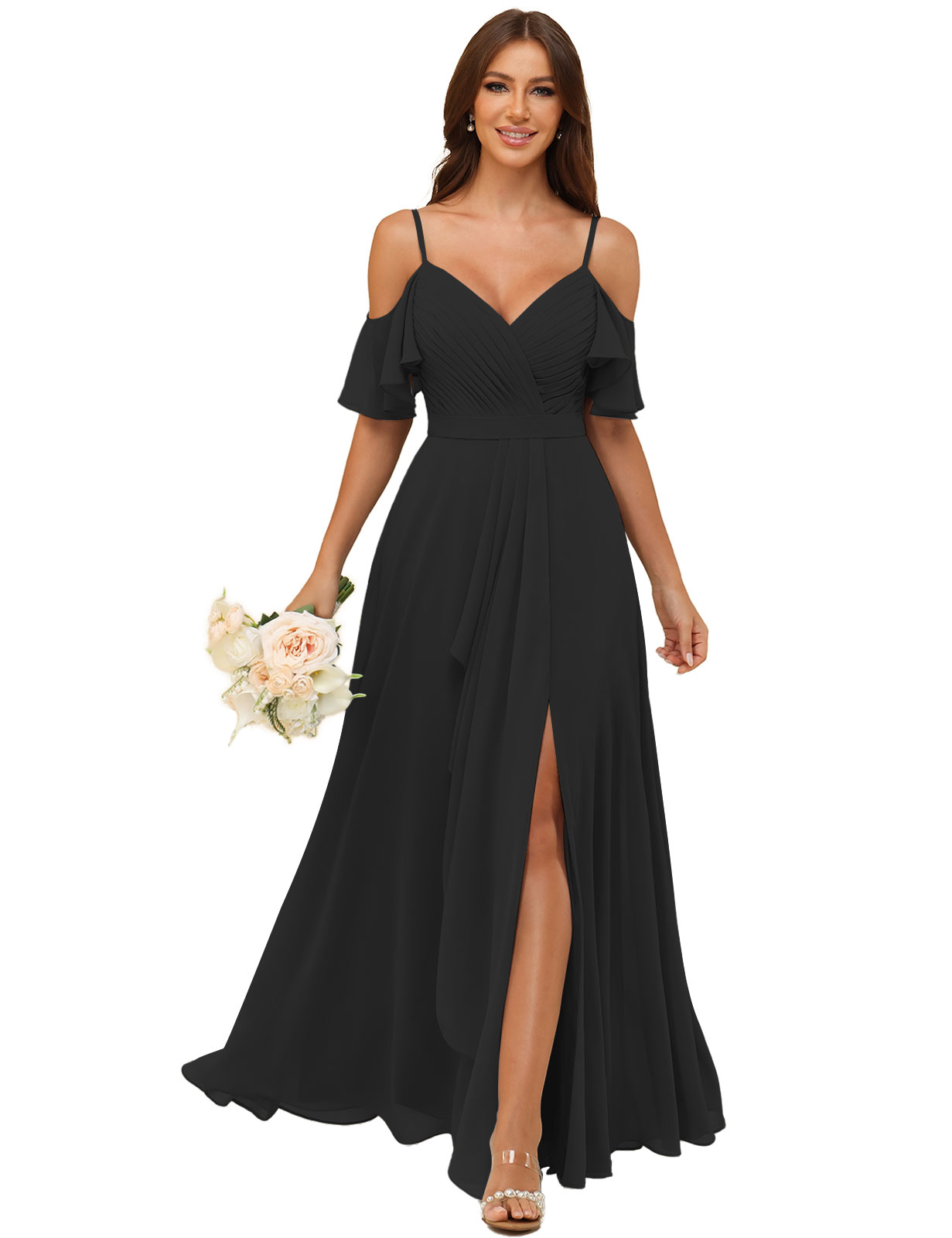 A-line V-neck Spaghetti Straps Chiffon Silt Bridesmaid Dress #BM2507214