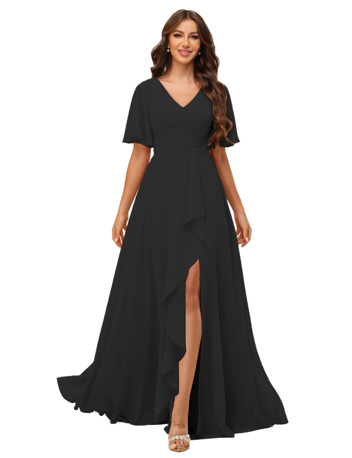 A-line V-neck Short Sleeves Chiffon Silt Bridesmaid Dress #BM2507137