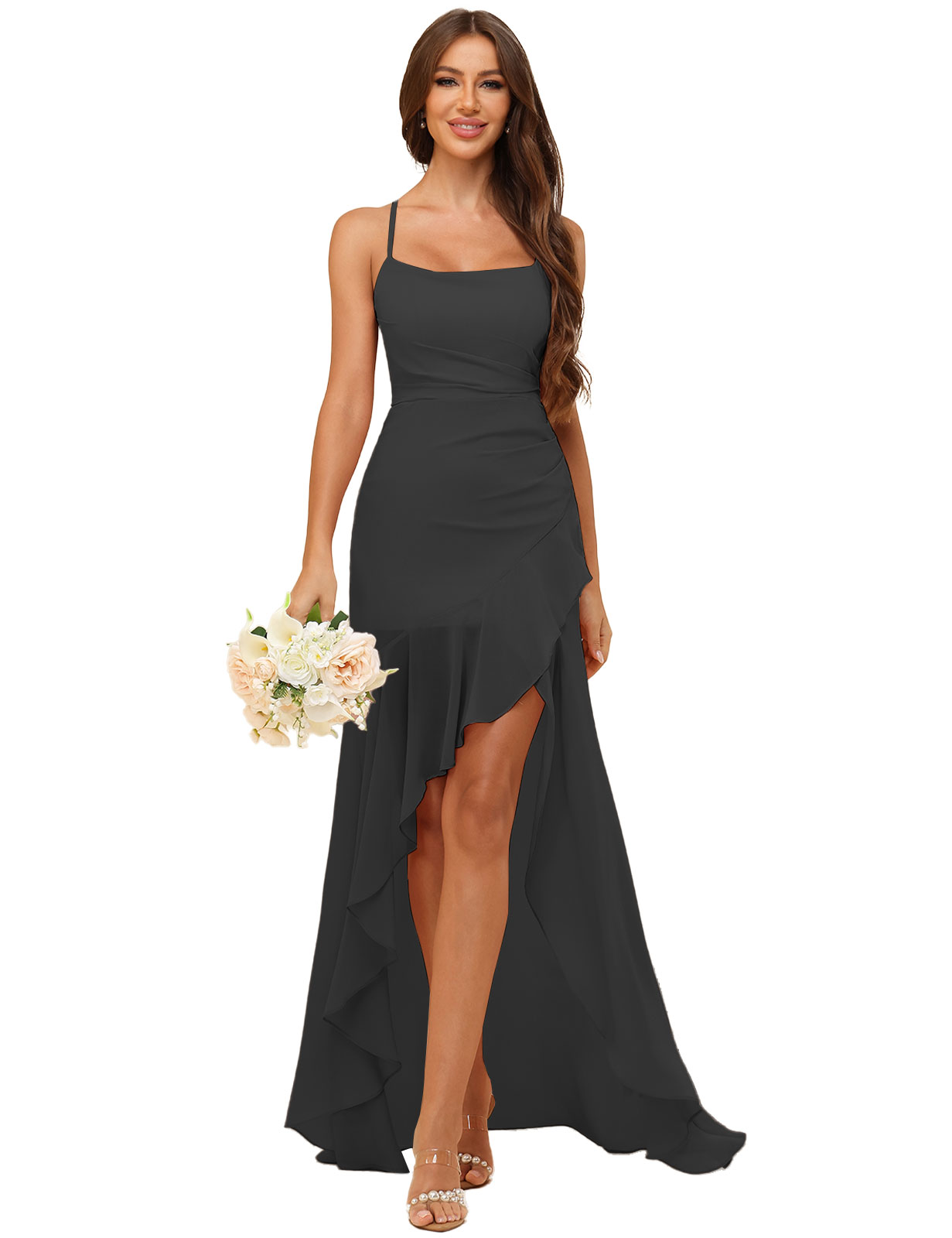 A-line Strapless Chiffon High Low Ruffles Bridesmaid Dress #BM2507148
