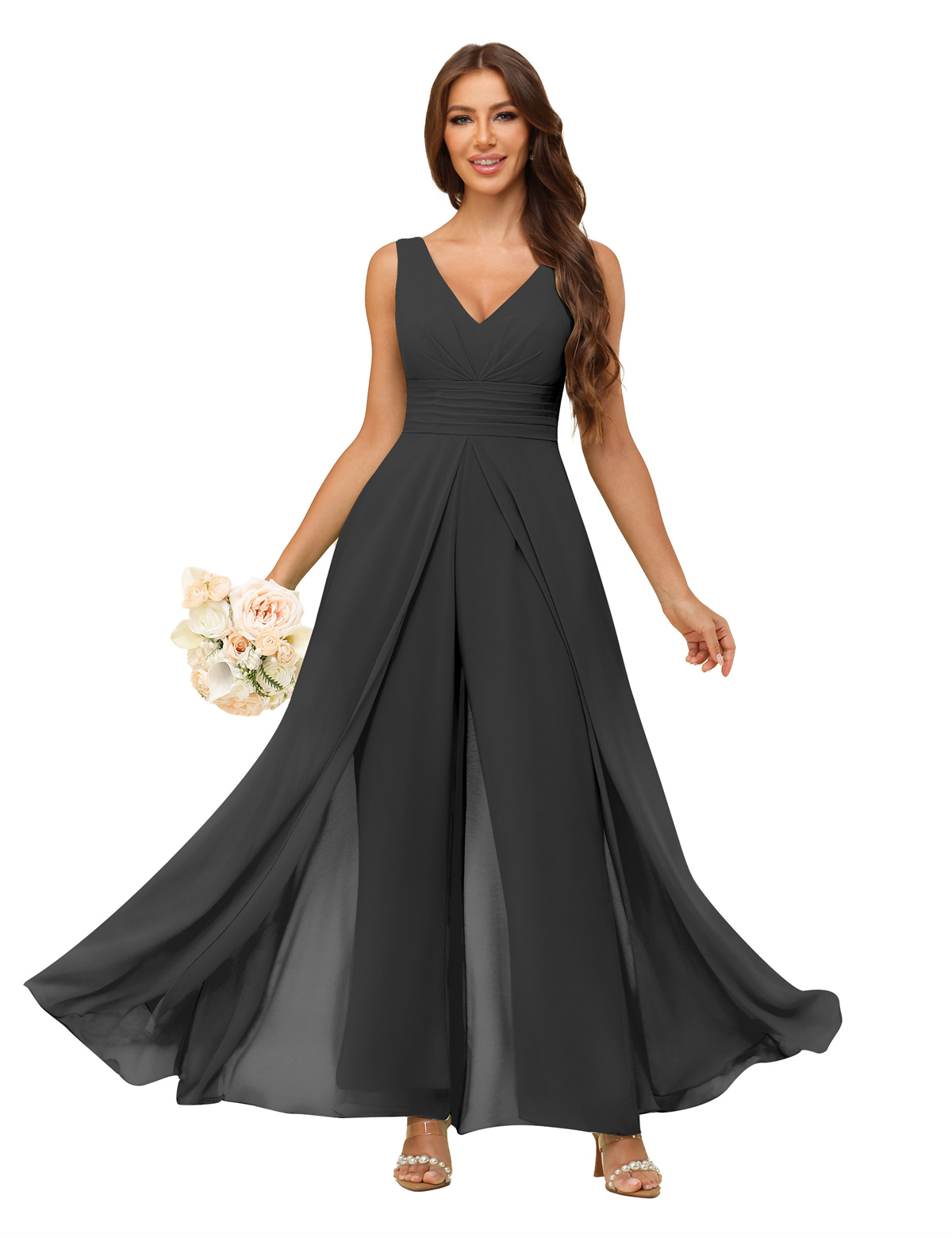 A-line V-neck Chiffon Straps V-back Bridesmaid Dress #PR2507216