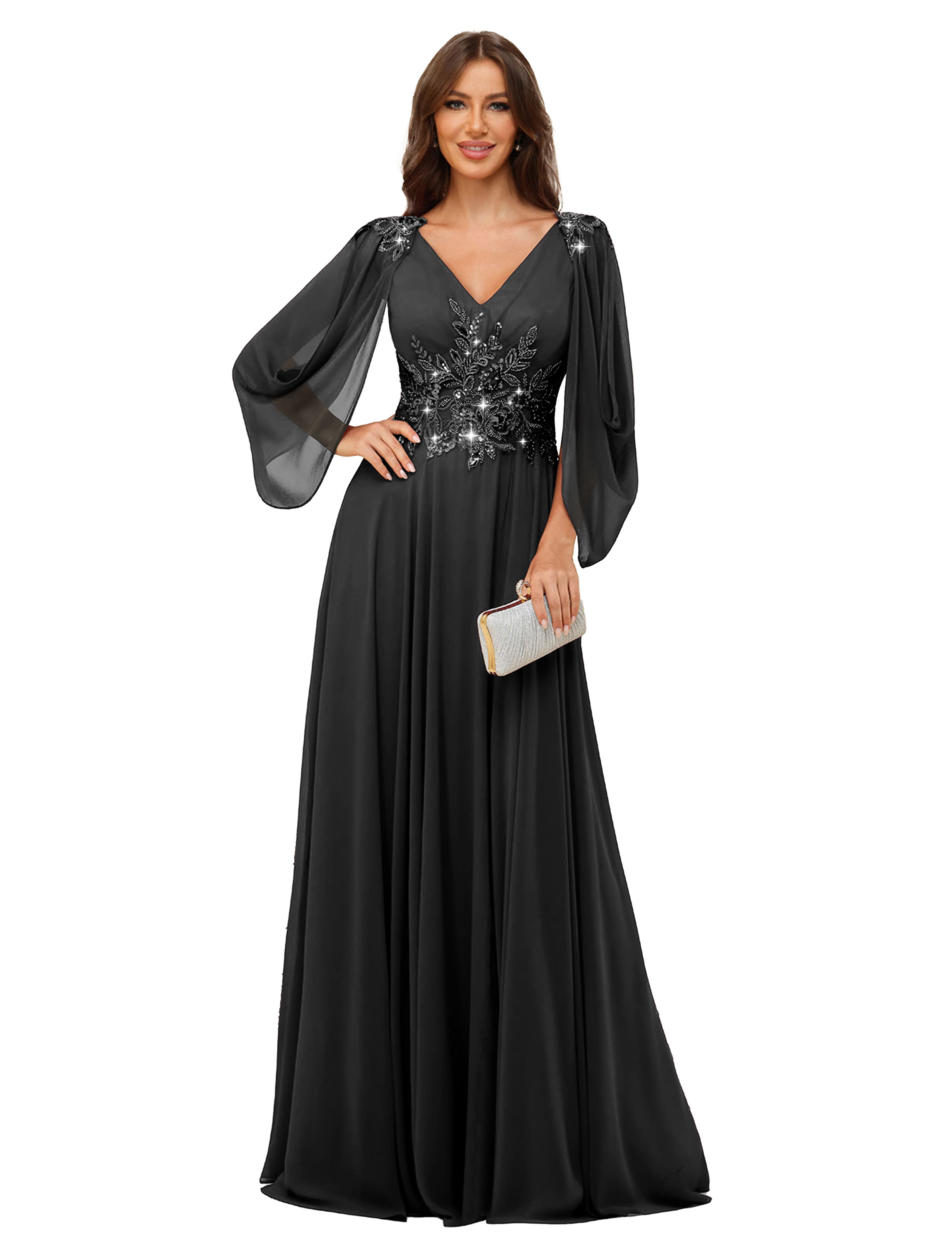 A-line V-neck Chiffon V-back Long Sleeves Mother of The Bride Dress #BM2501034