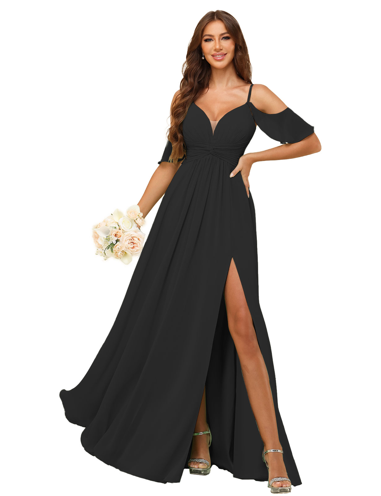 A-line Deep V-neck Spaghetti Straps Chiffon Silt Bridesmaid Dress #BM2507134