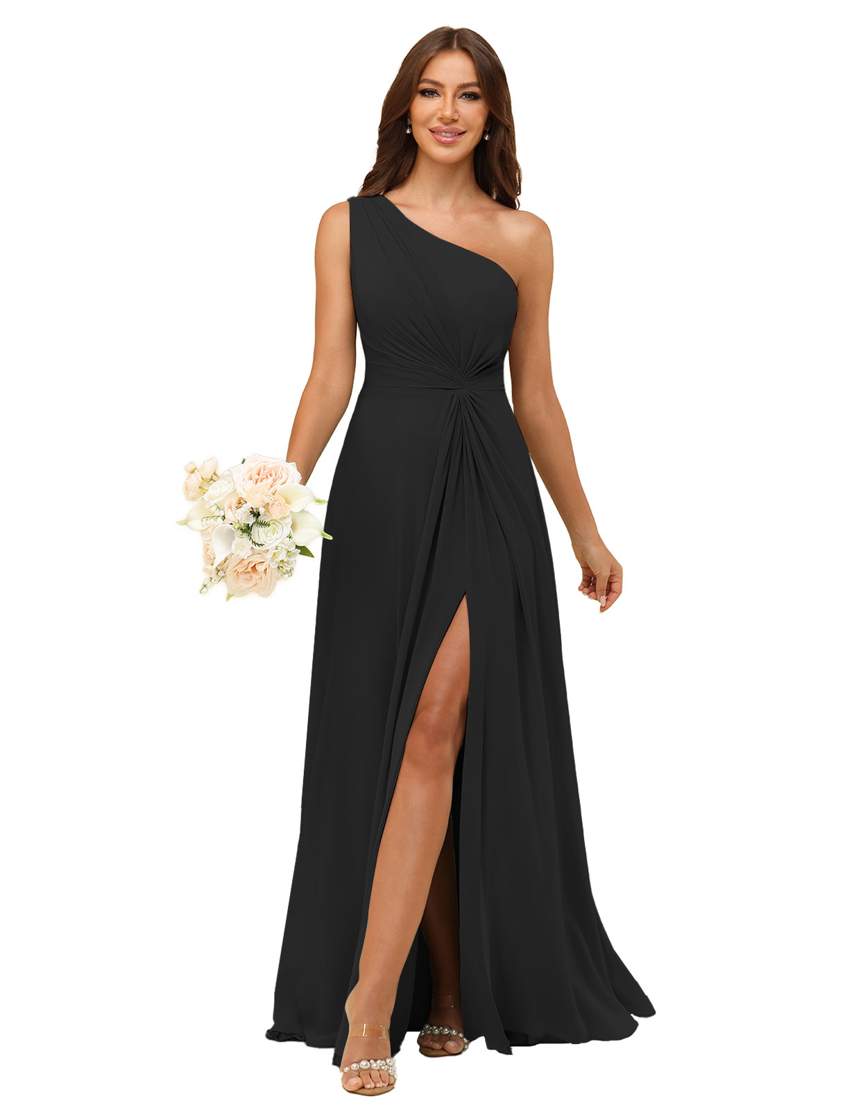 A-line One Shoulder Chiffon Silt Bridesmaid Dress #BM2508033