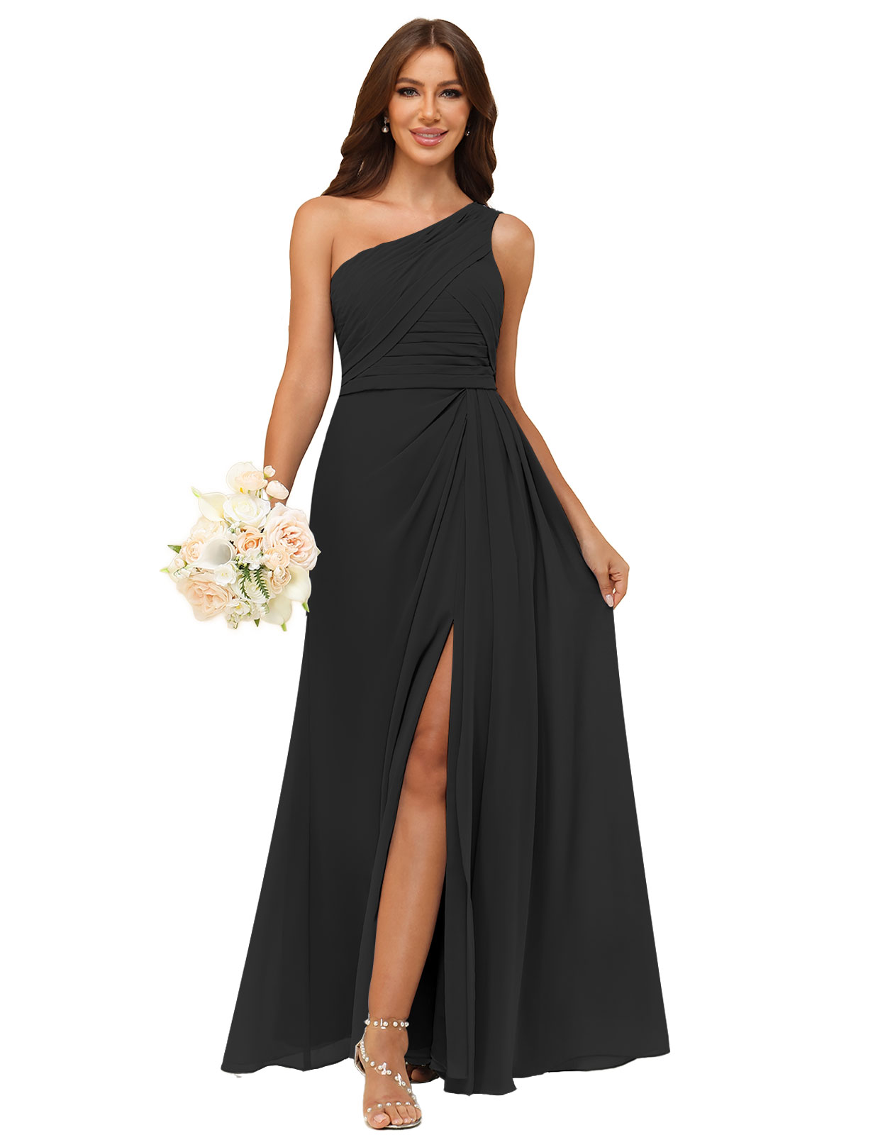 A-line One Shoulder Chiffon Silt Back Zip Bridesmaid Dress #BM2504122