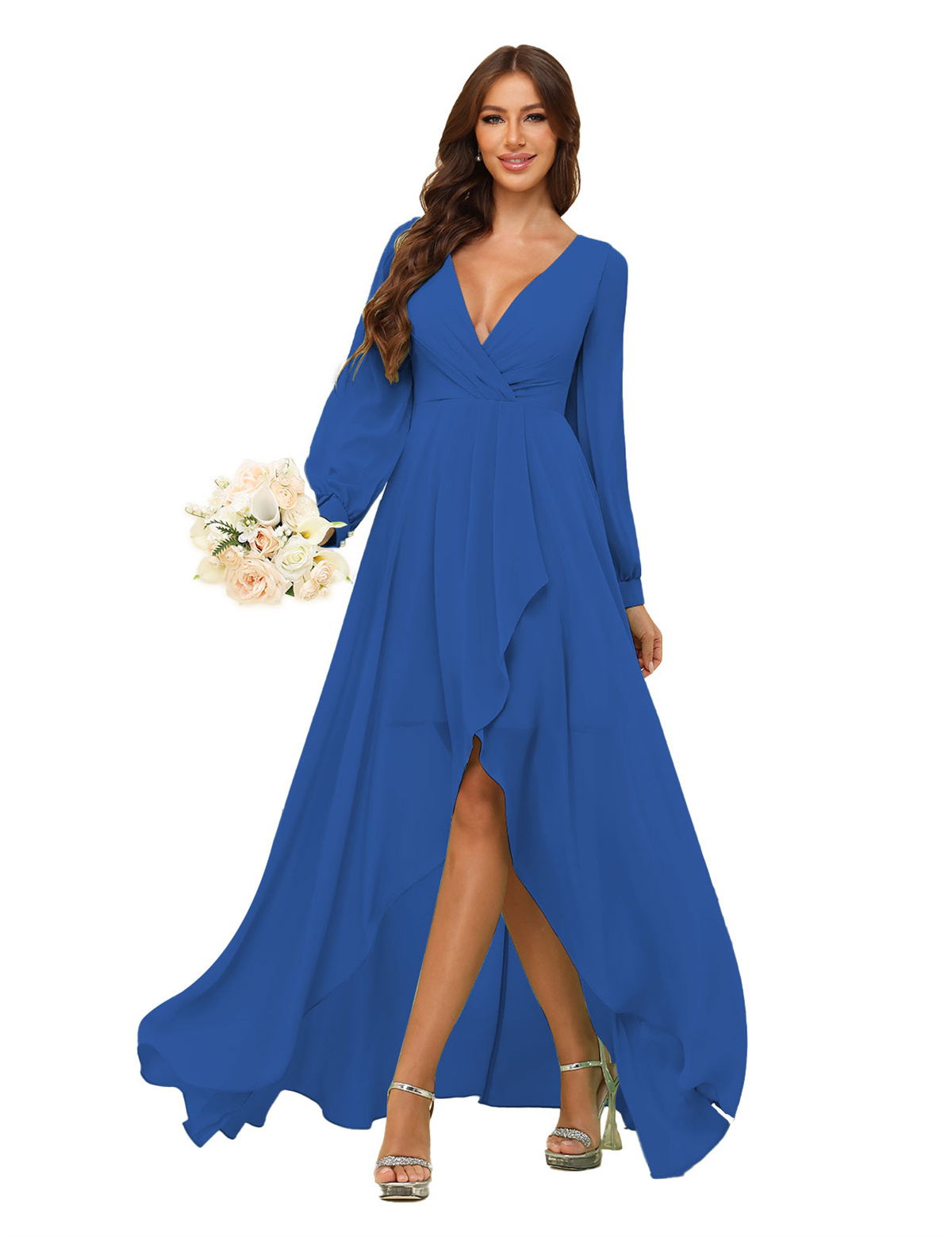 A-line Deep V-neck Chiffon Long Sleeves Bridesmaid Dress #BM2507136