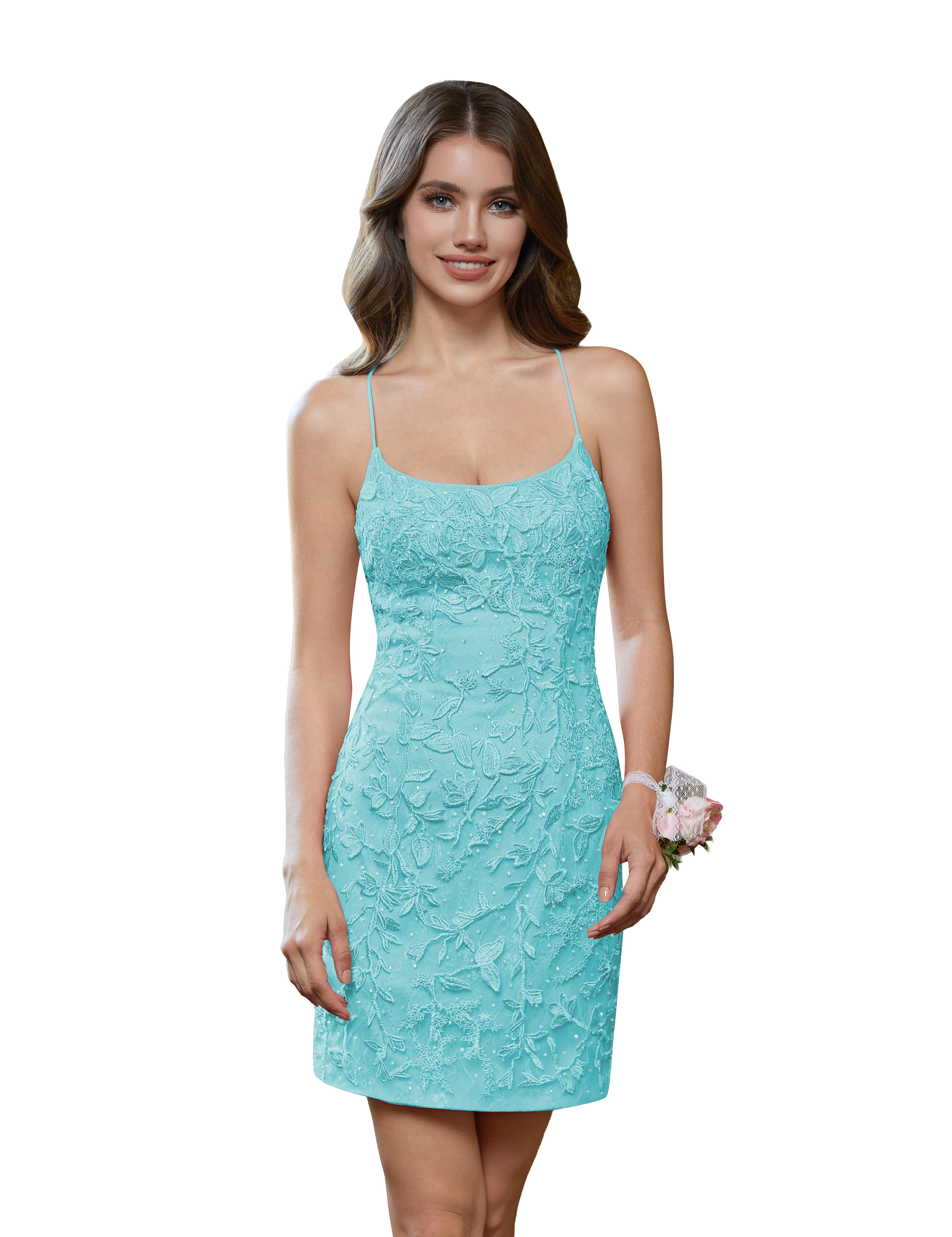 Tight Spaghetti Straps Lace Appliques Cocktail Party Homecoming Dress #HC2402362