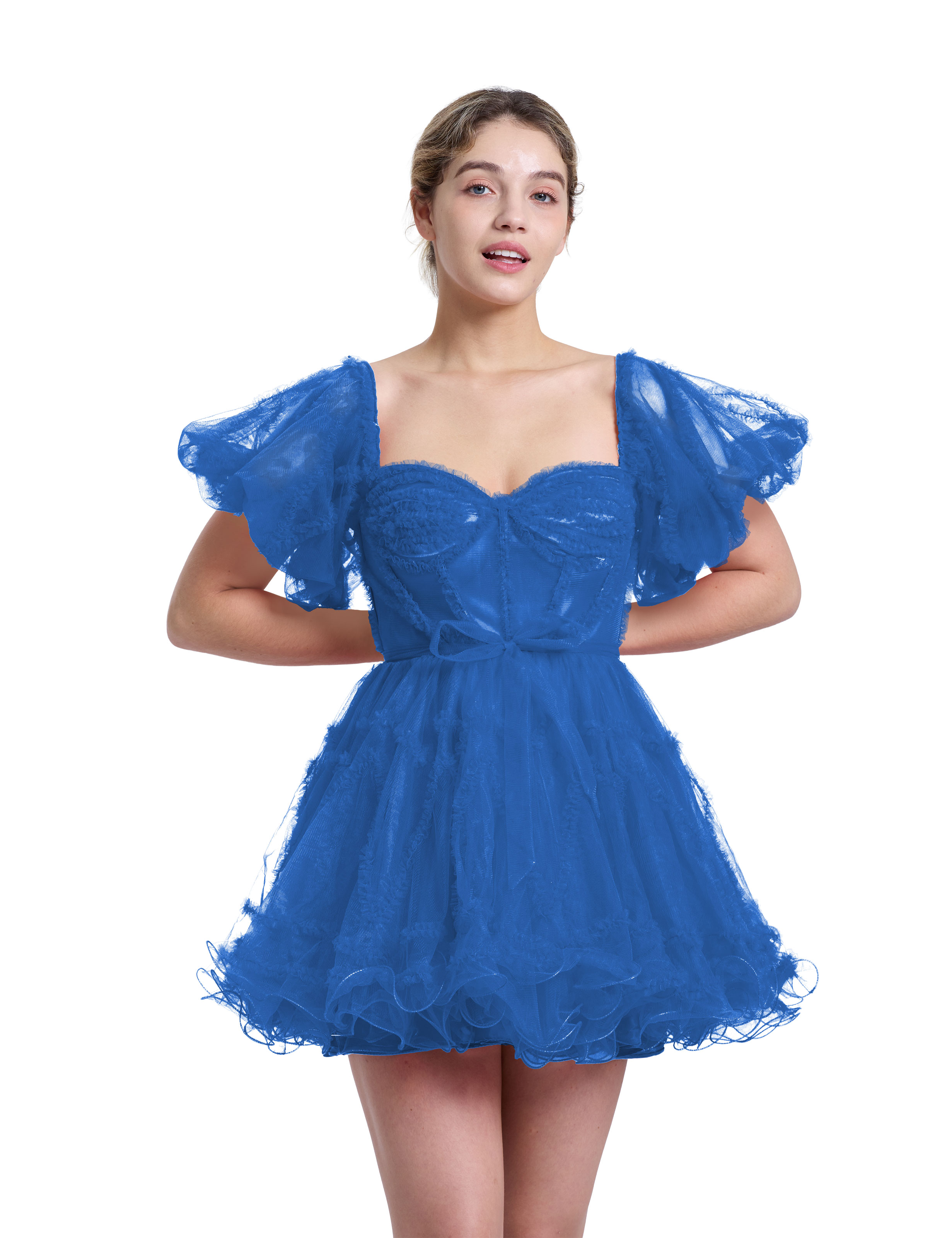 A-line Sweetheart Ruffles Tulle Puffy Sleeves Red Homecoming Dress #HC2401317