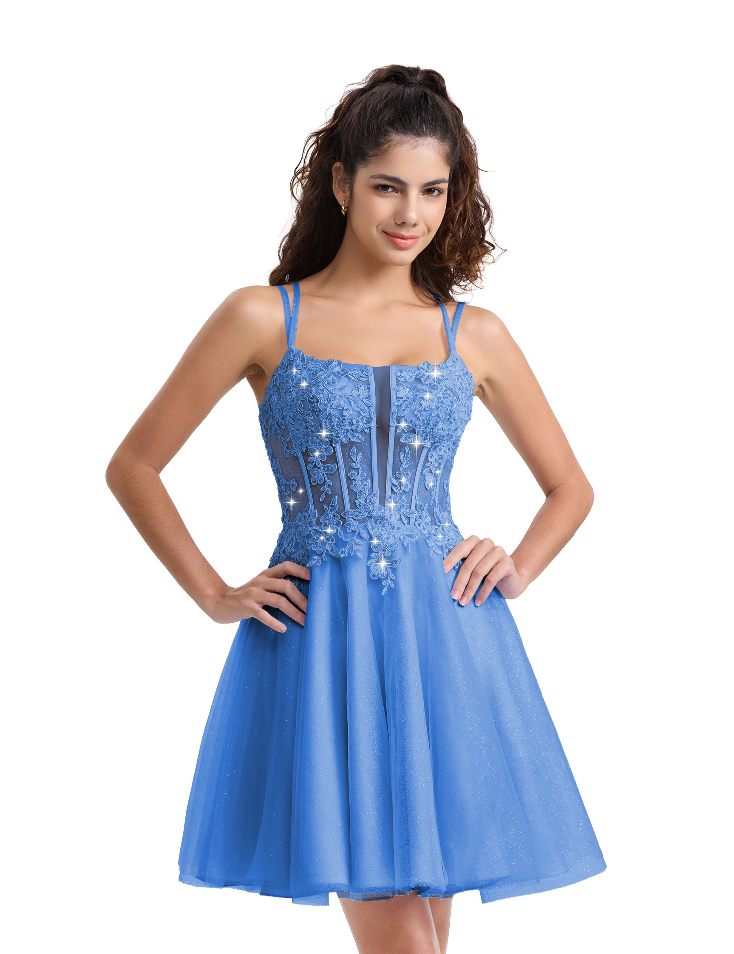 A-line Spaghetti Strap Tulle Lace Appliques Cocktail Homecoming Dress #HC2402129