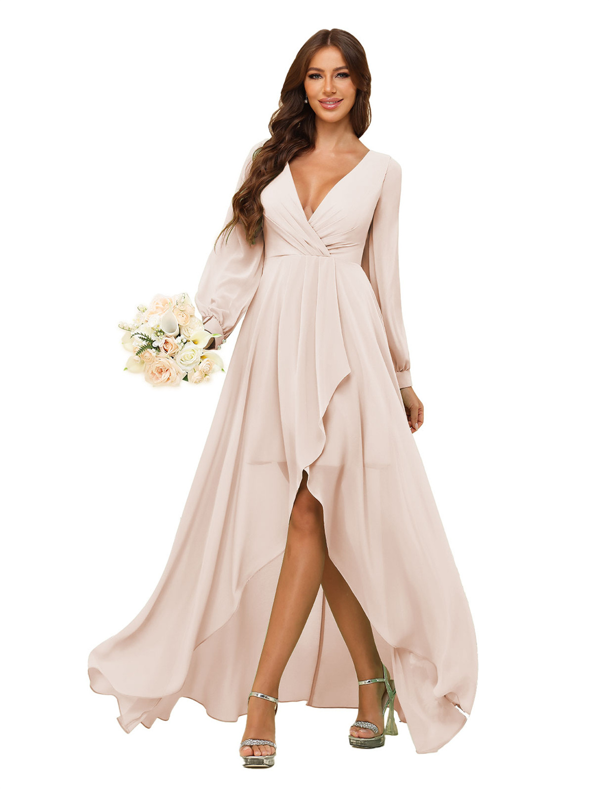 A-line Deep V-neck Chiffon Long Sleeves Bridesmaid Dress #BM2507136