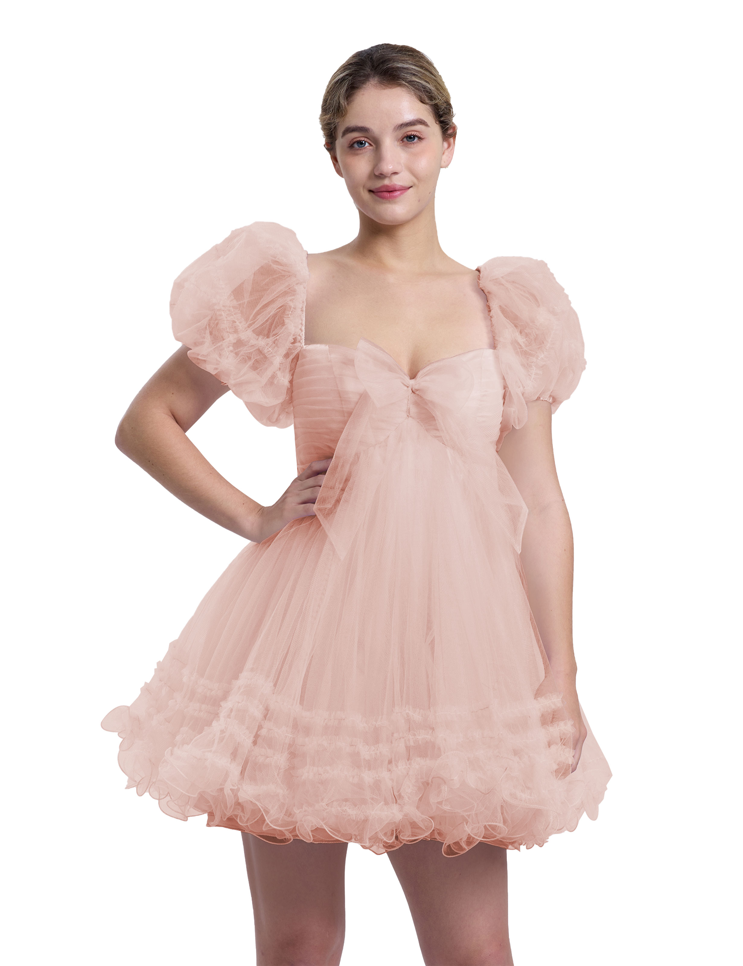 A-line Sweetheart Ruffles Tulle Puffy Sleeves Homecoming Dress #HC2401063