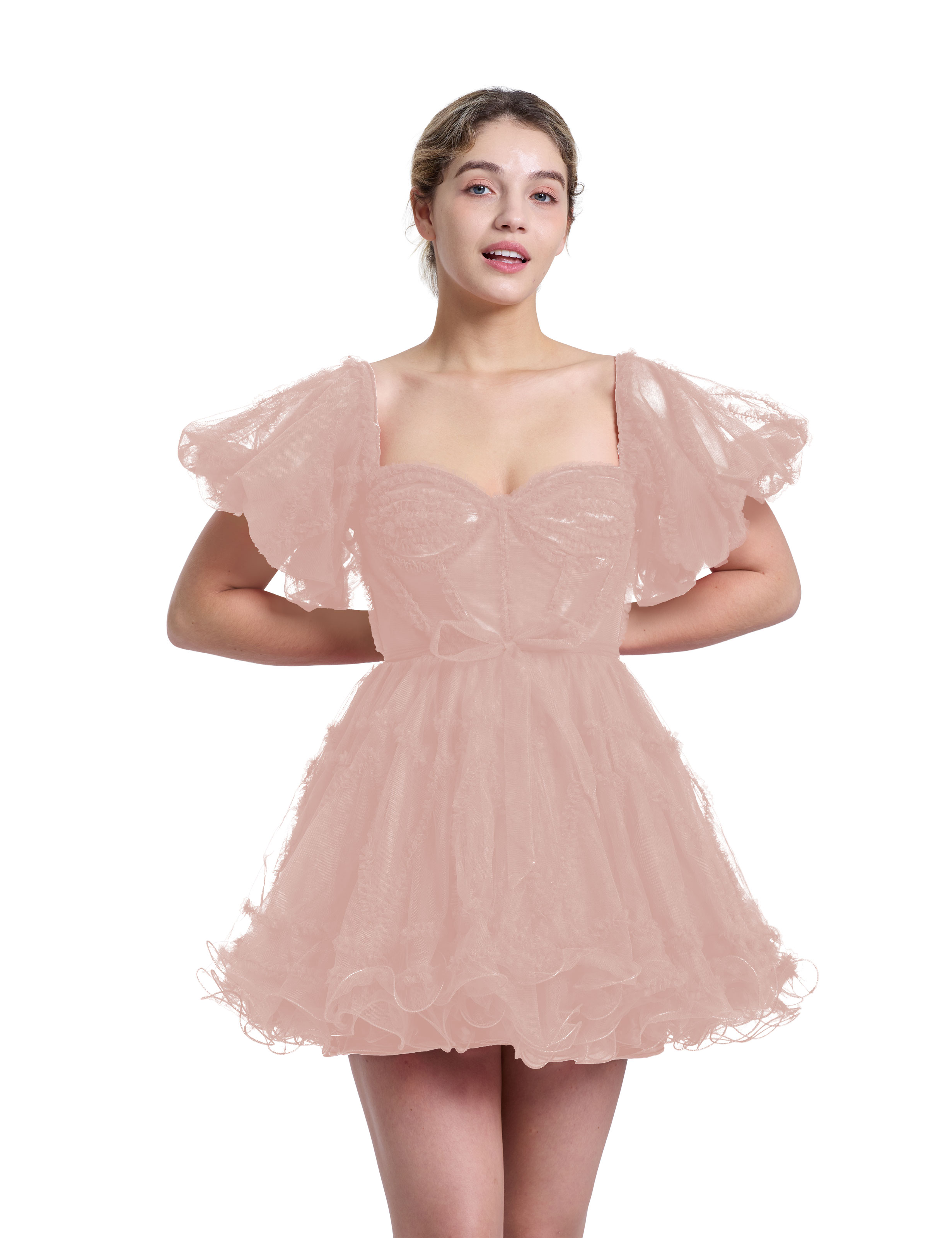 A-line Sweetheart Ruffles Tulle Puffy Sleeves Red Homecoming Dress #HC2401317
