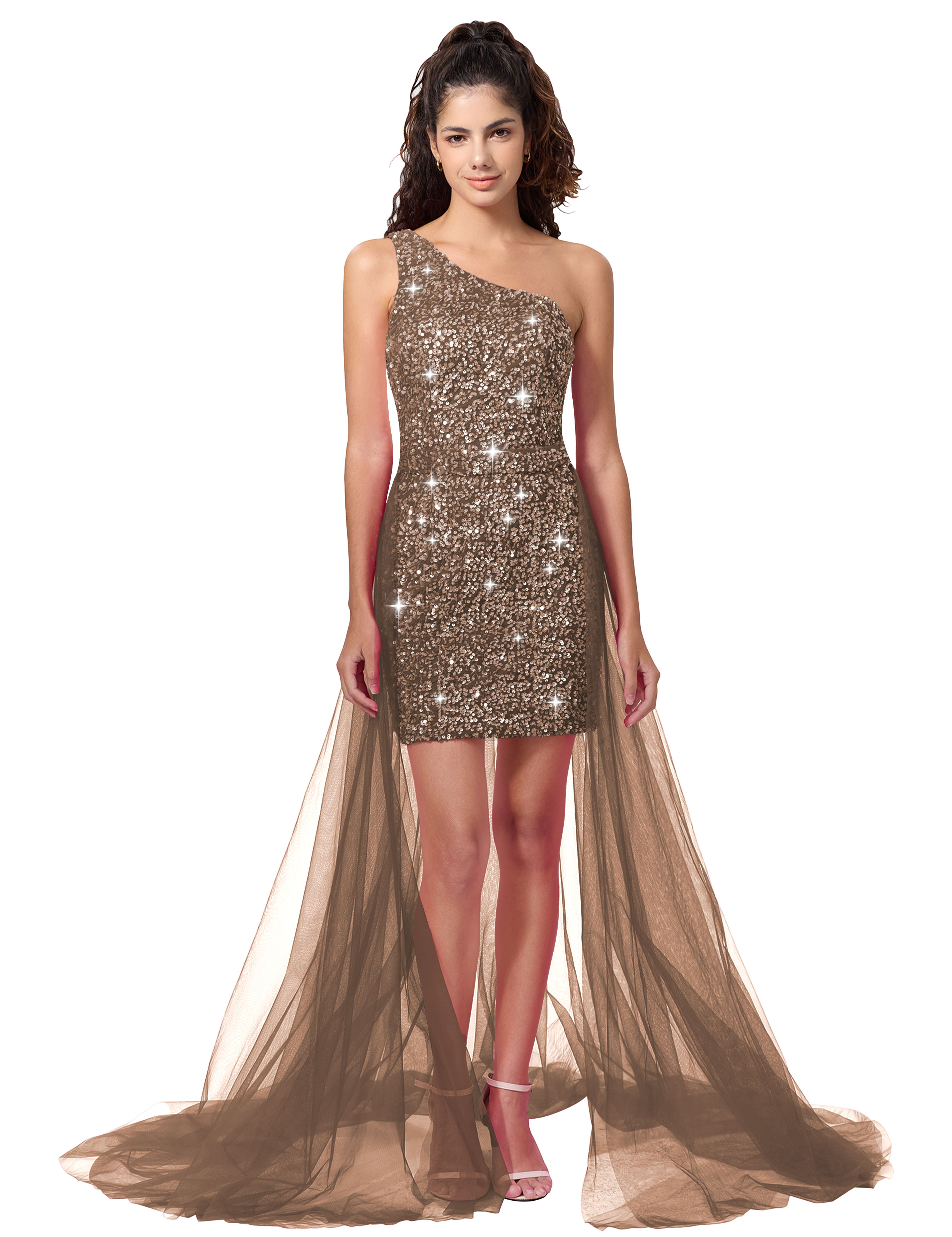 Sparkly One Shoulder Sequin Detachable Waist Cape Homecoming Dress #HC2402126