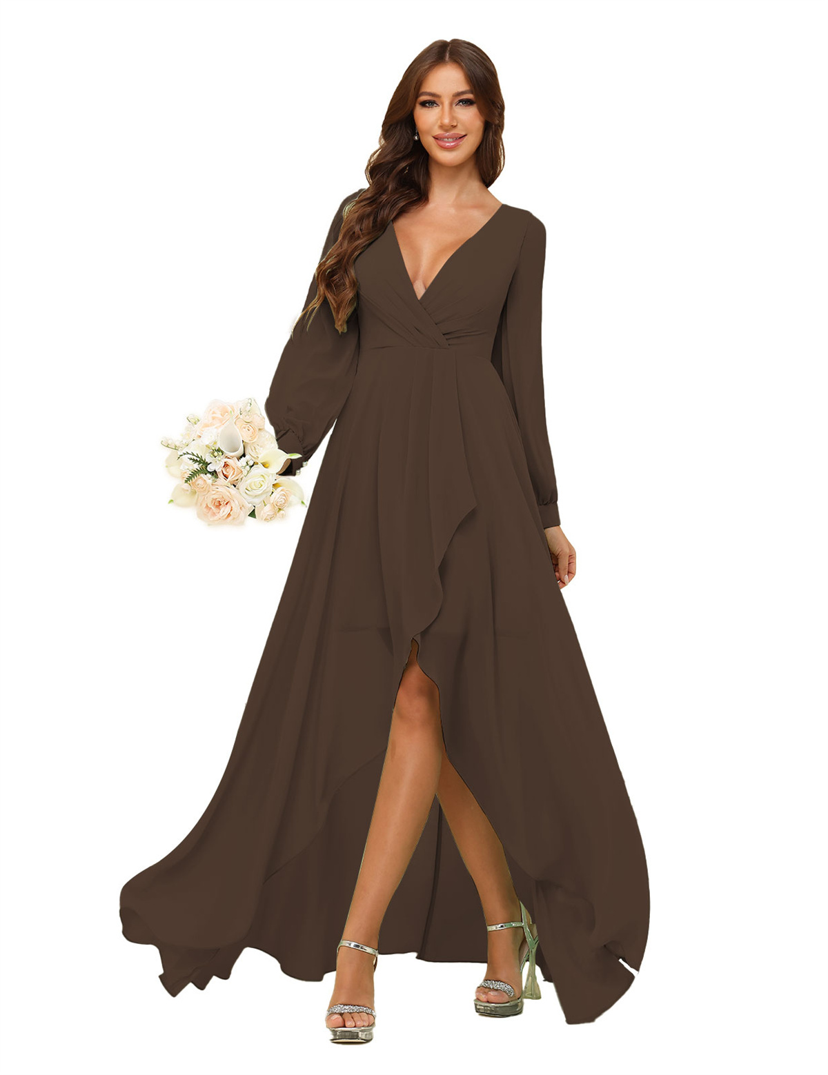 A-line Deep V-neck Chiffon Long Sleeves Bridesmaid Dress #BM2507136
