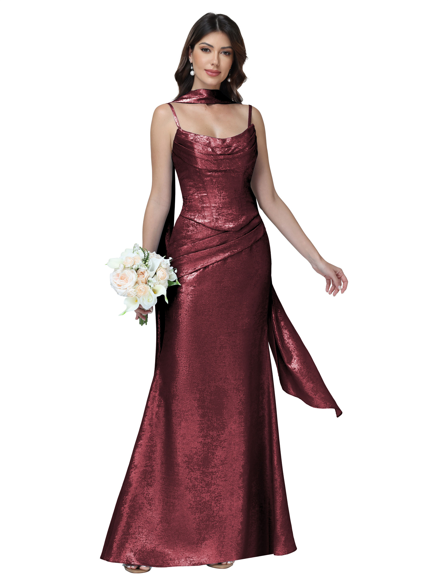 Mermaid Spaghttei Straps Prom Dress 2 Pieces Bridesmaid Dress with Scarf #BM2512054
