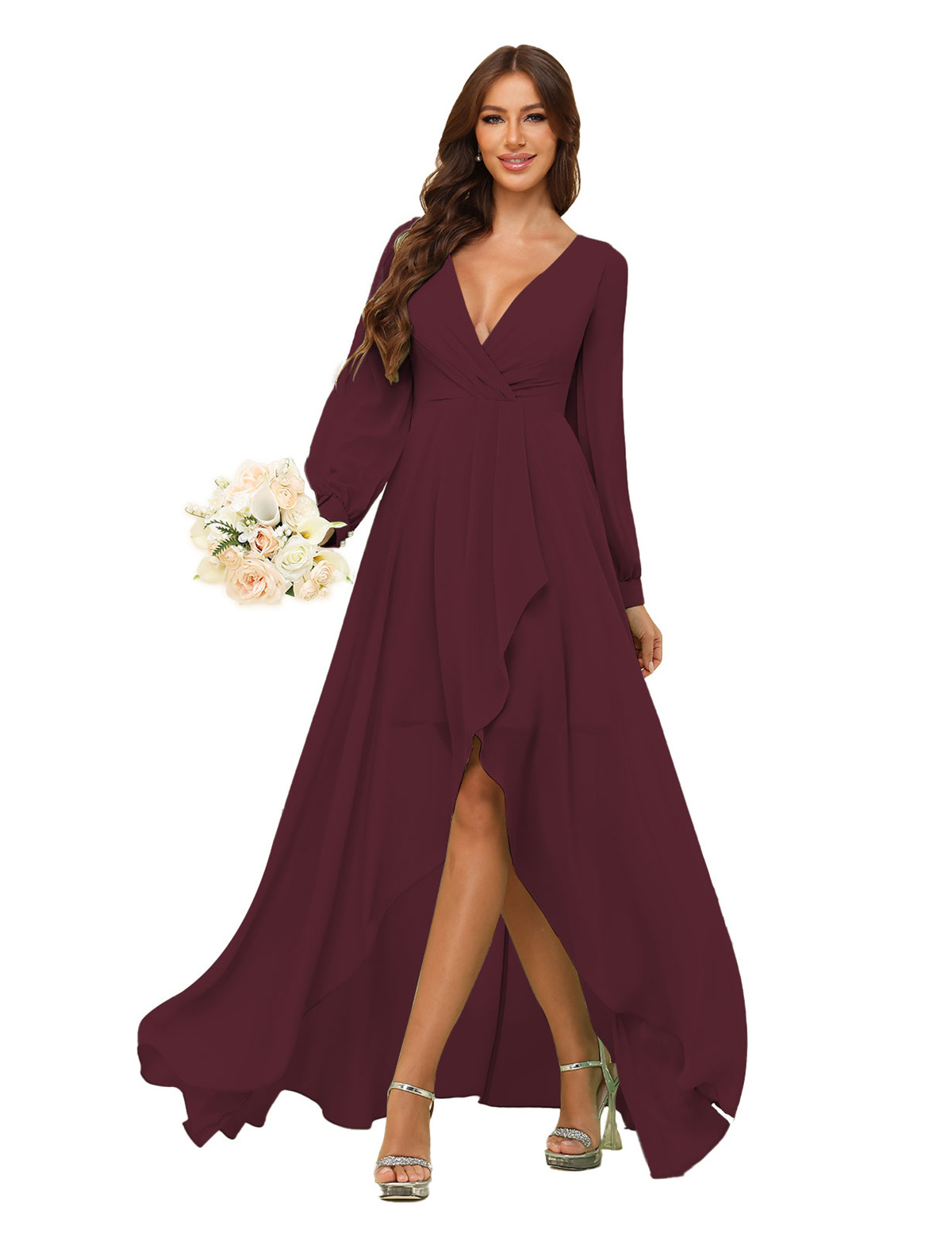 A-line Deep V-neck Chiffon Long Sleeves Bridesmaid Dress #BM2507136