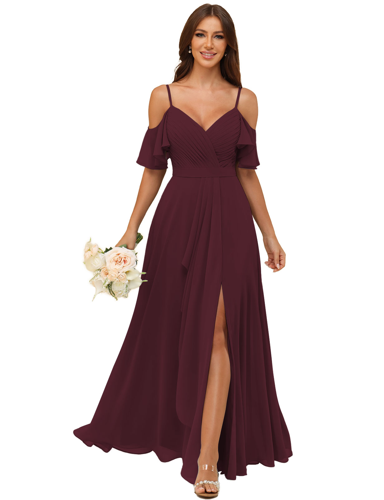 A-line V-neck Spaghetti Straps Chiffon Silt Bridesmaid Dress #BM2507214