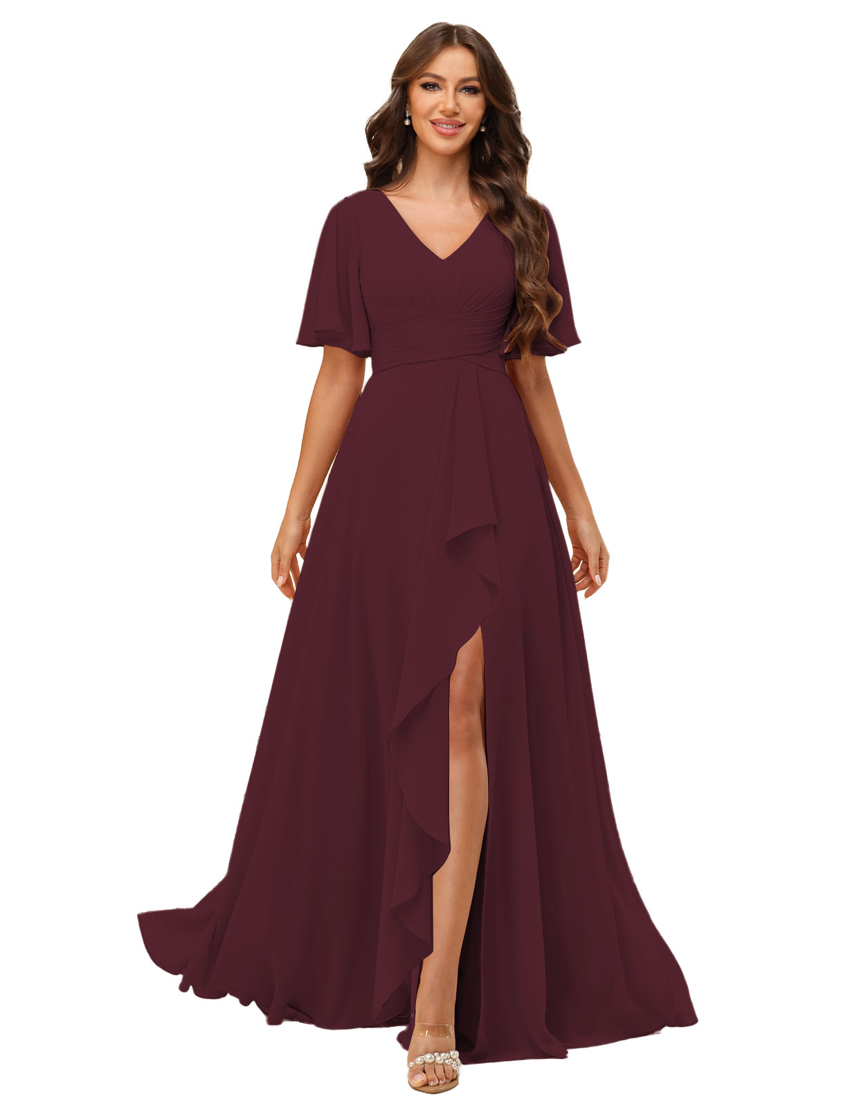 A-line V-neck Short Sleeves Chiffon Silt Bridesmaid Dress #BM2507137